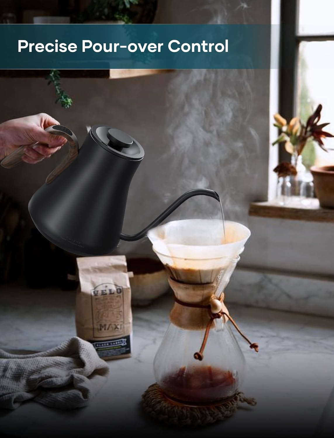 Electric Kettles, INTASTING Gooseneck Electric Kettle, ±1℉ Temperature Control, Stainless Steel Inner, Quick Heating, for Pour Over Coffee, Brew Tea, Boil Hot Water, 1500W/0.9L (Glossy Black)