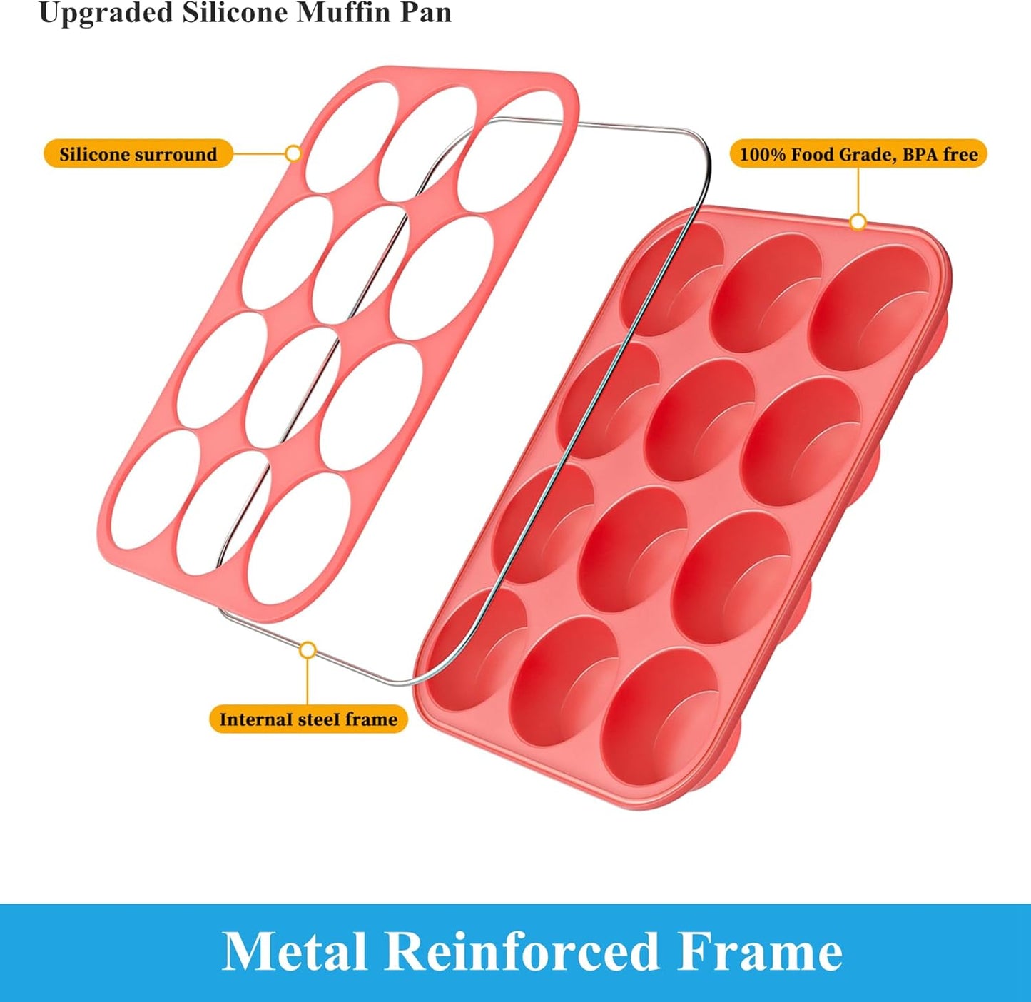 Bangp 12-Cup Silicone Muffin Pan with Metal Reinforced Frame,2 Pack Regular Size Cupcake Pan,Premium Non-Stick Bend Resistance Silicone Molds for Making Muffin,Cakes,Tart,Egg Bites (Red & Blue)