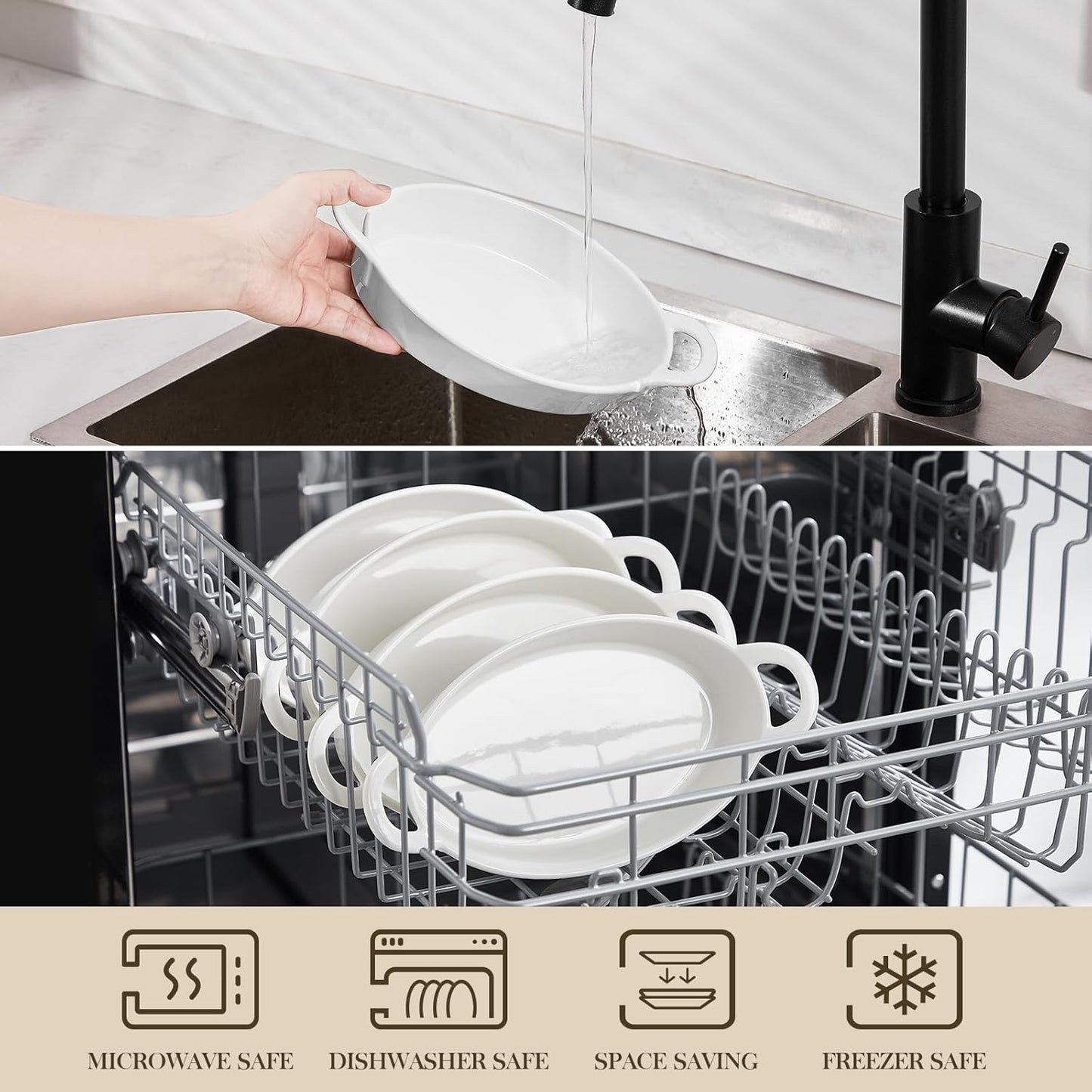 MALACASA Small Casserole Baking Dishes for Oven, Ceramic Oval Baking Dish Sets of 4, 8" x 5" Inch Au Gratin Baking Pans with Handles for Roasting, Lasagna, Pie, Baking Meat & Vegetables, White