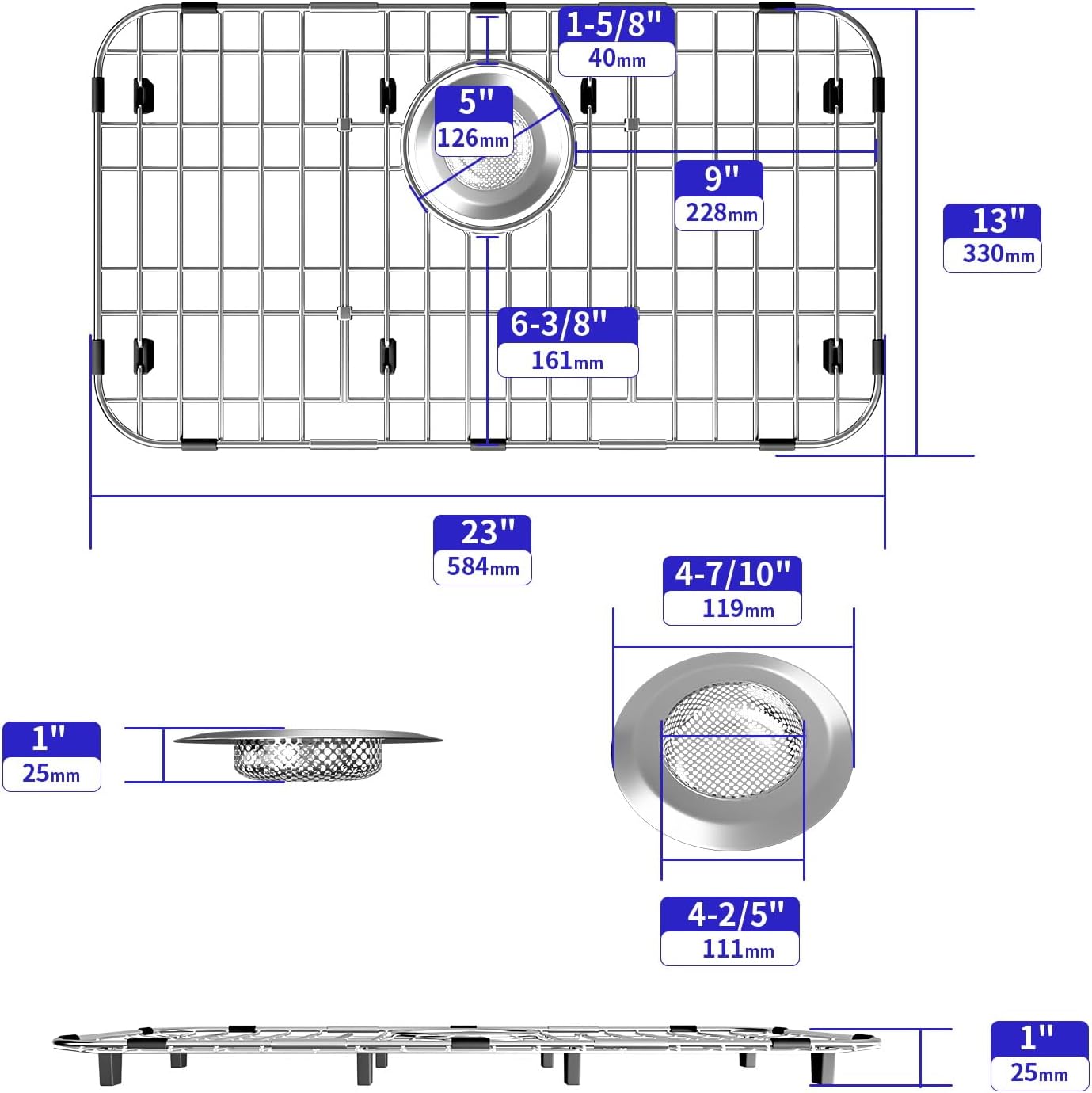 Sink Protectors for Kitchen Sink, Sink Grate Grid for Bottom of Sink, Metal Sink Rack, Bottom Basin Rack, Stainless Steel, 23" x 13"