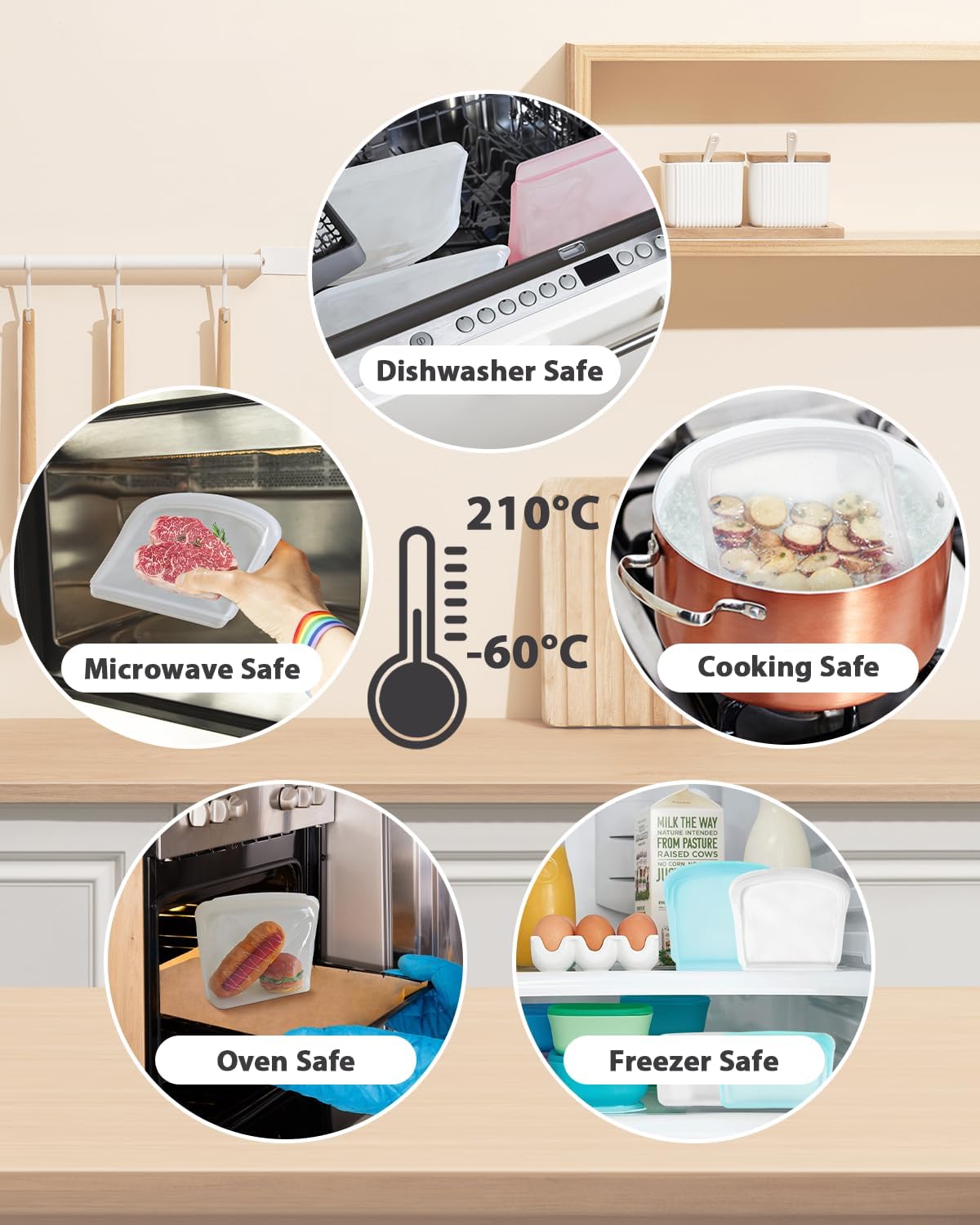 Reusable Silicone Storage Bag, 8Pack Pocket, Snack, and Sandwich Bag, Endurables Seal-Top Silicone Bags for Food Storage, Freezer, Microwave, Oven, Dishwasher Safe (Clear & Mint Green)