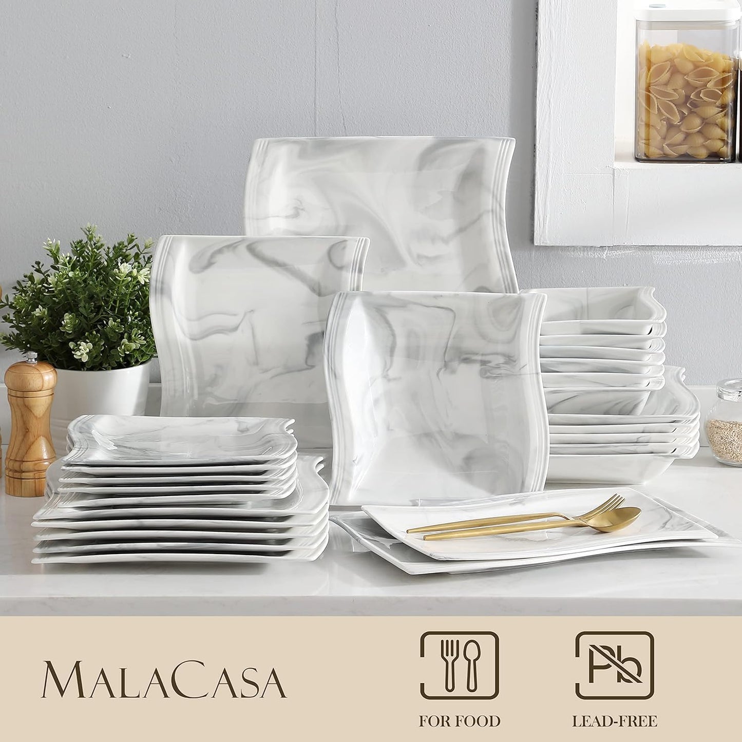 MALACASA Square Dinnerware Sets, 26-Piece Marble Grey Plates and Bowls Sets, Porcelain Dinner Set Microwave Safe, Kitchen Dinnerware Plates Set, Dishes and Bowls, Dish Set for 6, Series Flora