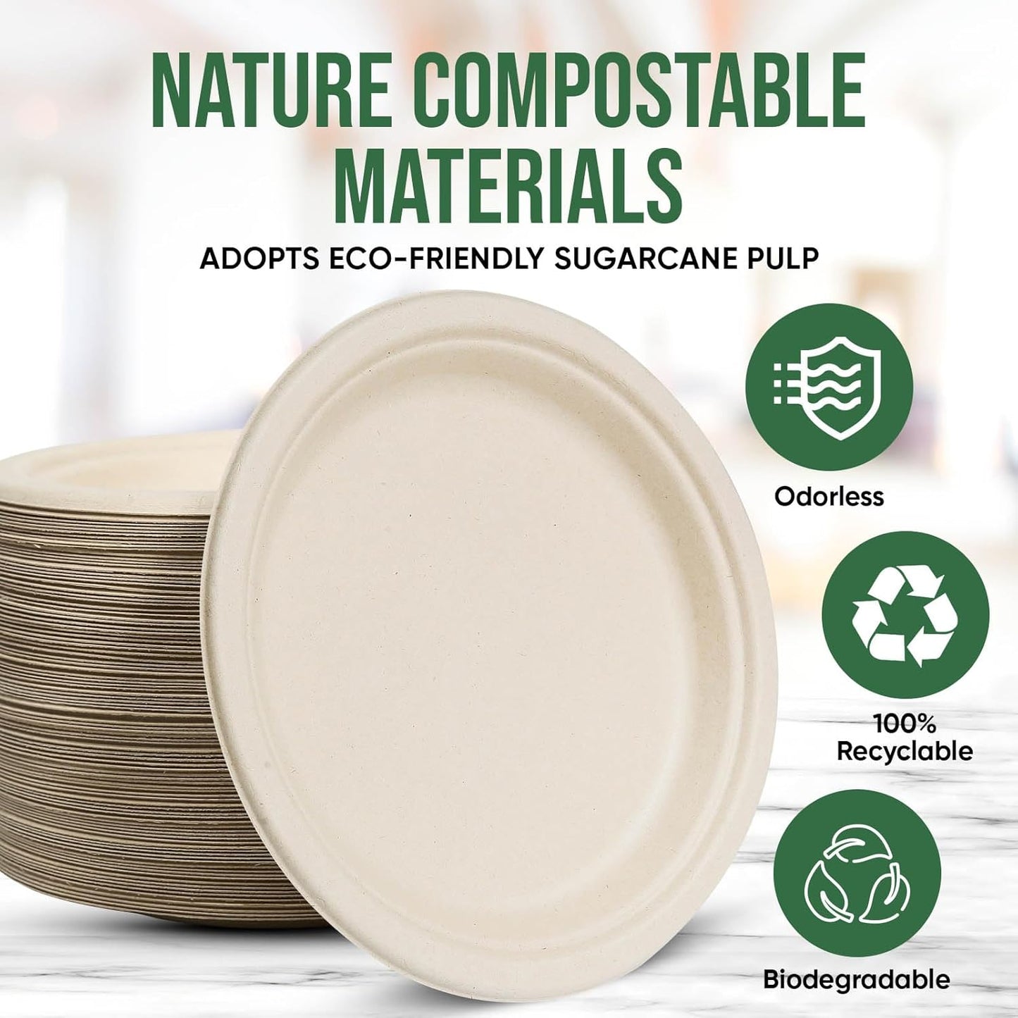 9 Inch Compostable Paper Plates (100 Pack) - Eco-Friendly Disposable Dinnerware for Parties, Microwavable & Water/Oil Resistant - 100% Biodegradable Heavy Duty Brown Plates for Events, Picnics