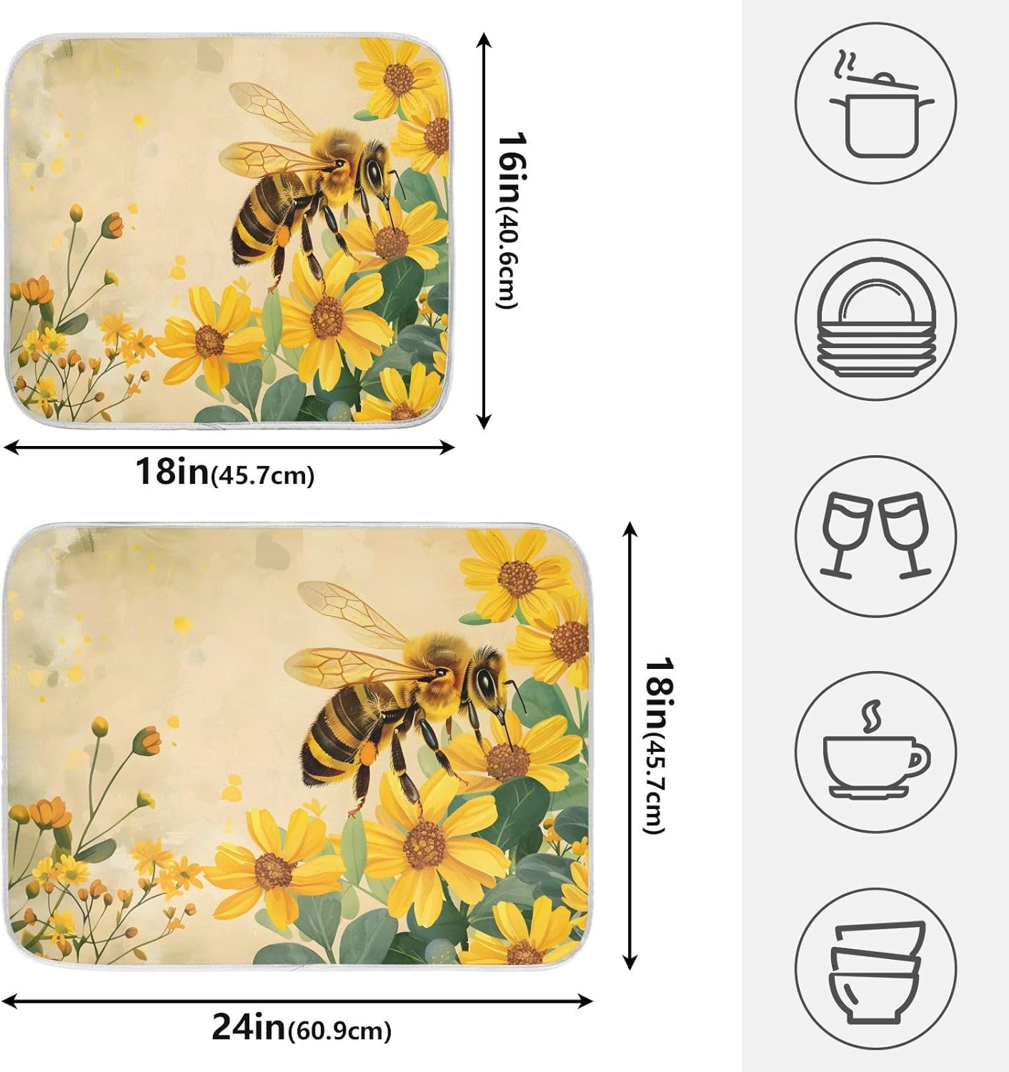 Honey Bee Dish Drying Mat for Kitchen Counter Absorbent Microfiber Small Drying Pad Dish Yellow Flowers Leaves Mats for Kitchen Countertops 16 x 18 Inch