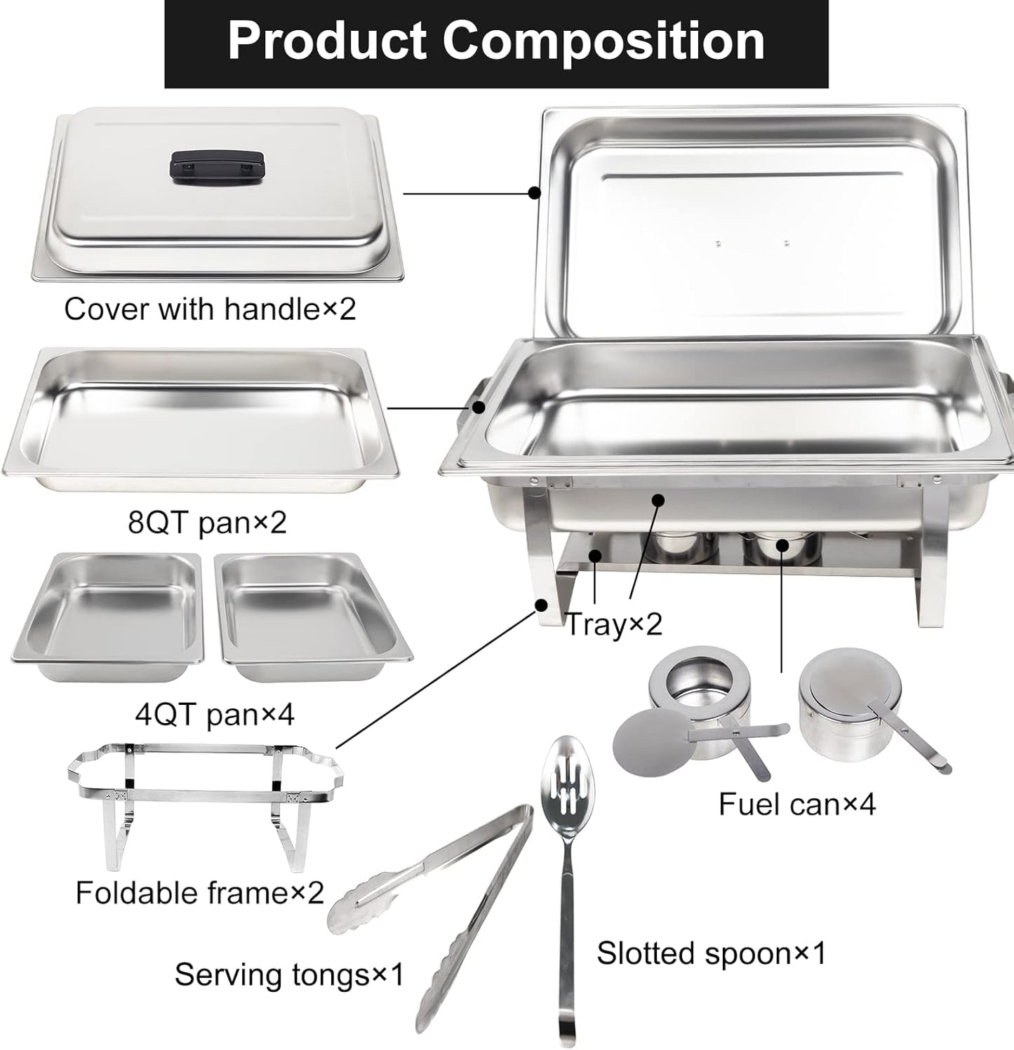 Valgus 2-Pack 8QT Stainless Steel Chafing Dish Buffet Chafer Set with Foldable Frame Water Trays, 2 Full Size, 4 Half Food Pans for Wedding, Parties, Banquet, Catering Events