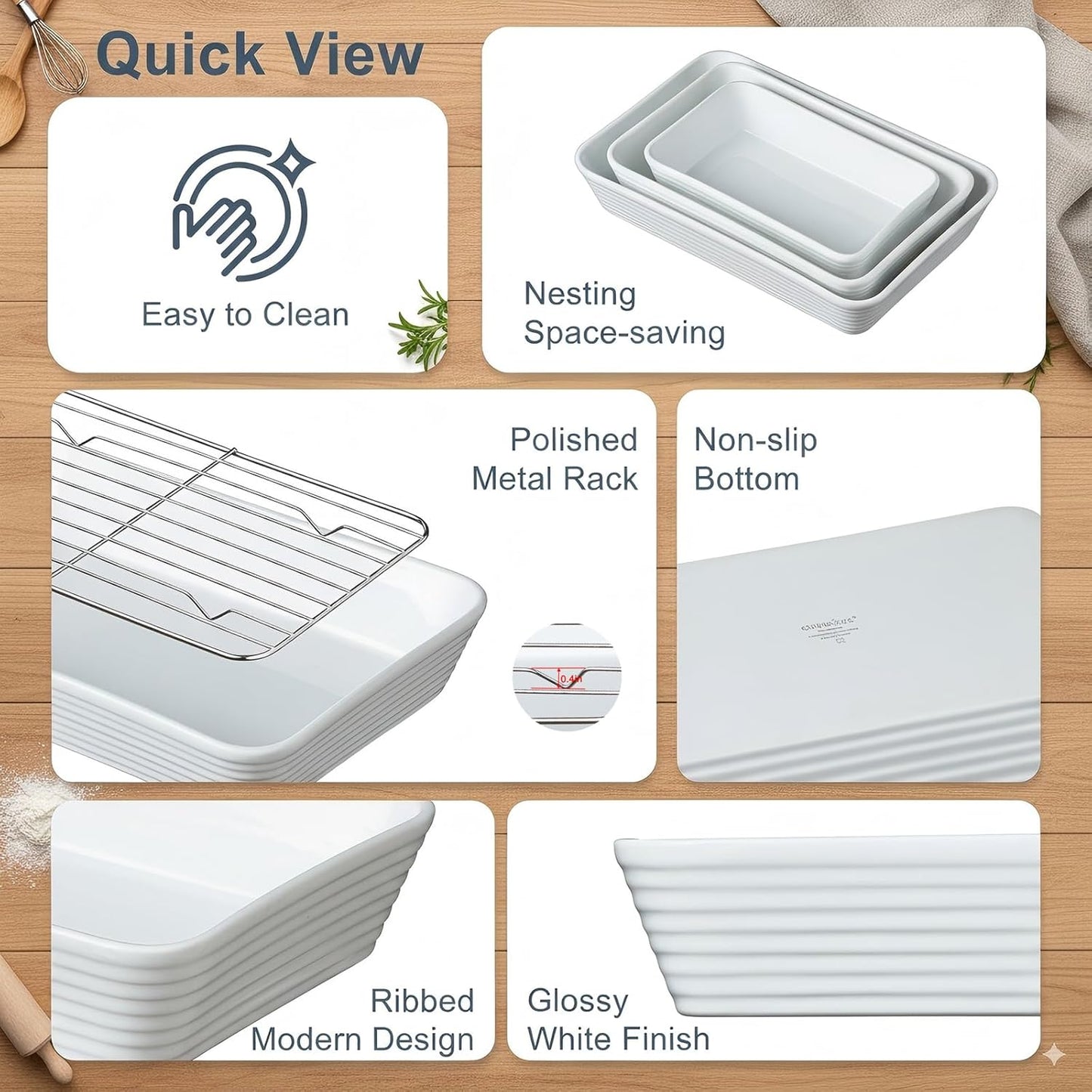 ONEMORE Casserole Dishes for Oven, Ceramic Baking Dish Set of 3 with Roasting Racks Rectangular Large Deep Lasagna Pan without Handles Porcelain Baking Pan with Rack for Oven Cooking (3QT/2.1QT/1.3QT)