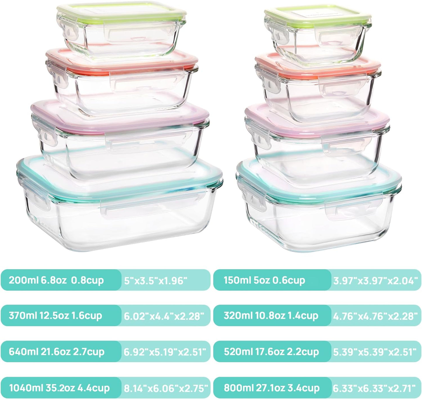 Vtopmart 8 Pack Glass Food Storage Containers with Airtight Lids, Glass Meal Prep Containers, Lunch Containers for Microwave, Oven, Freezer and Dishwasher, BPA Free