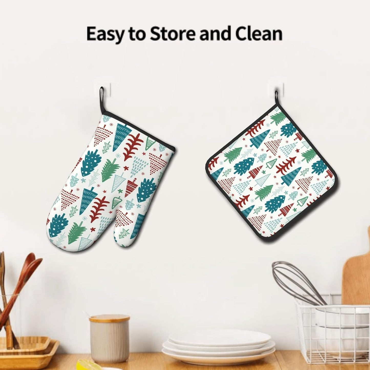 Pine Tree Oven Mitts and Pot Holder Set of 2 Winter Xmas Washable Kitchen Heat Resistant Gloves for Microwave BBQ Cooking Baking Grilling