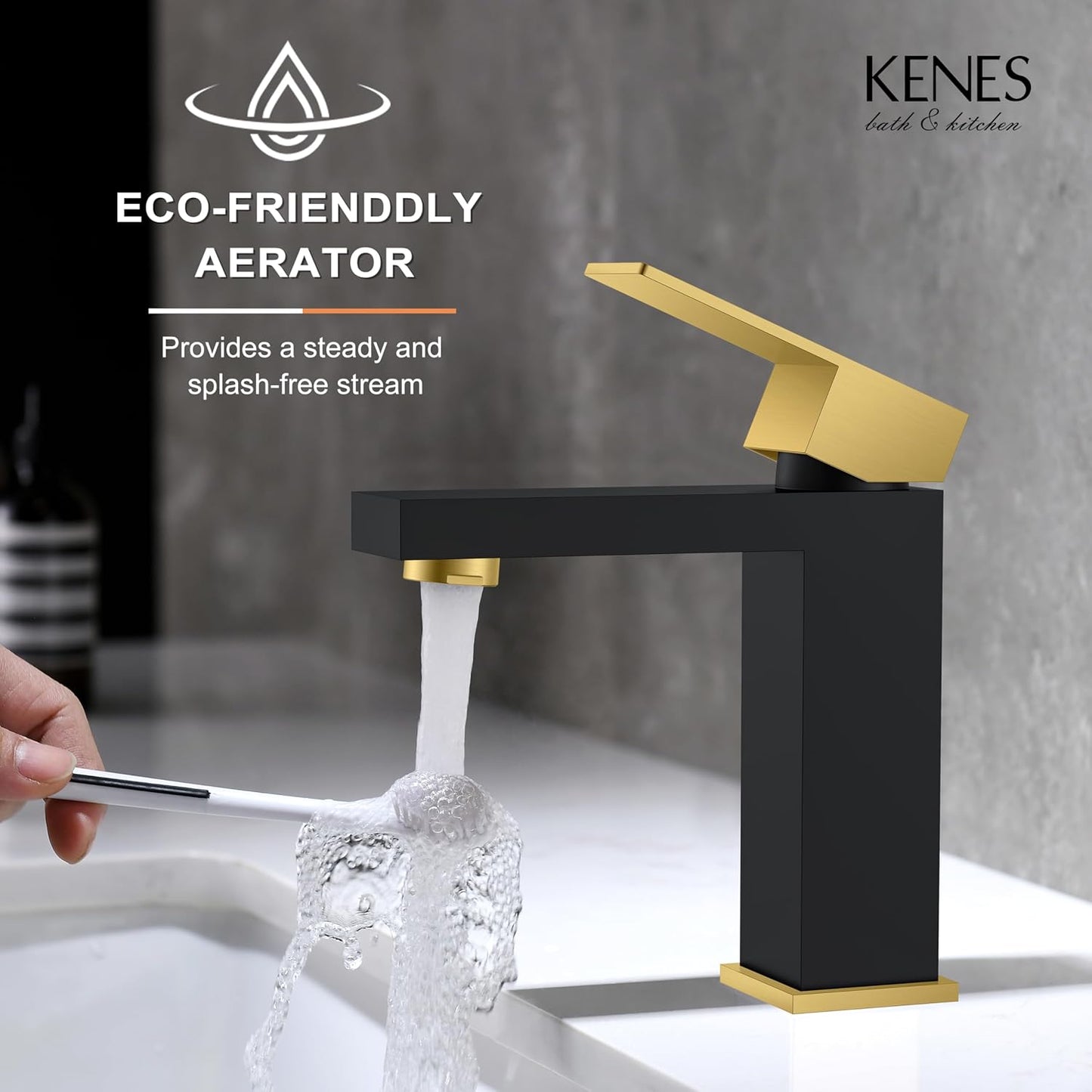 KENES Single Handle Bathroom Sink Faucet, Black and Gold Bathroom Faucets Single Hole, Vanity Faucet with Pop Up Drain and Supply Lines, Matte Black/Brushed Gold LJ-9031-BG