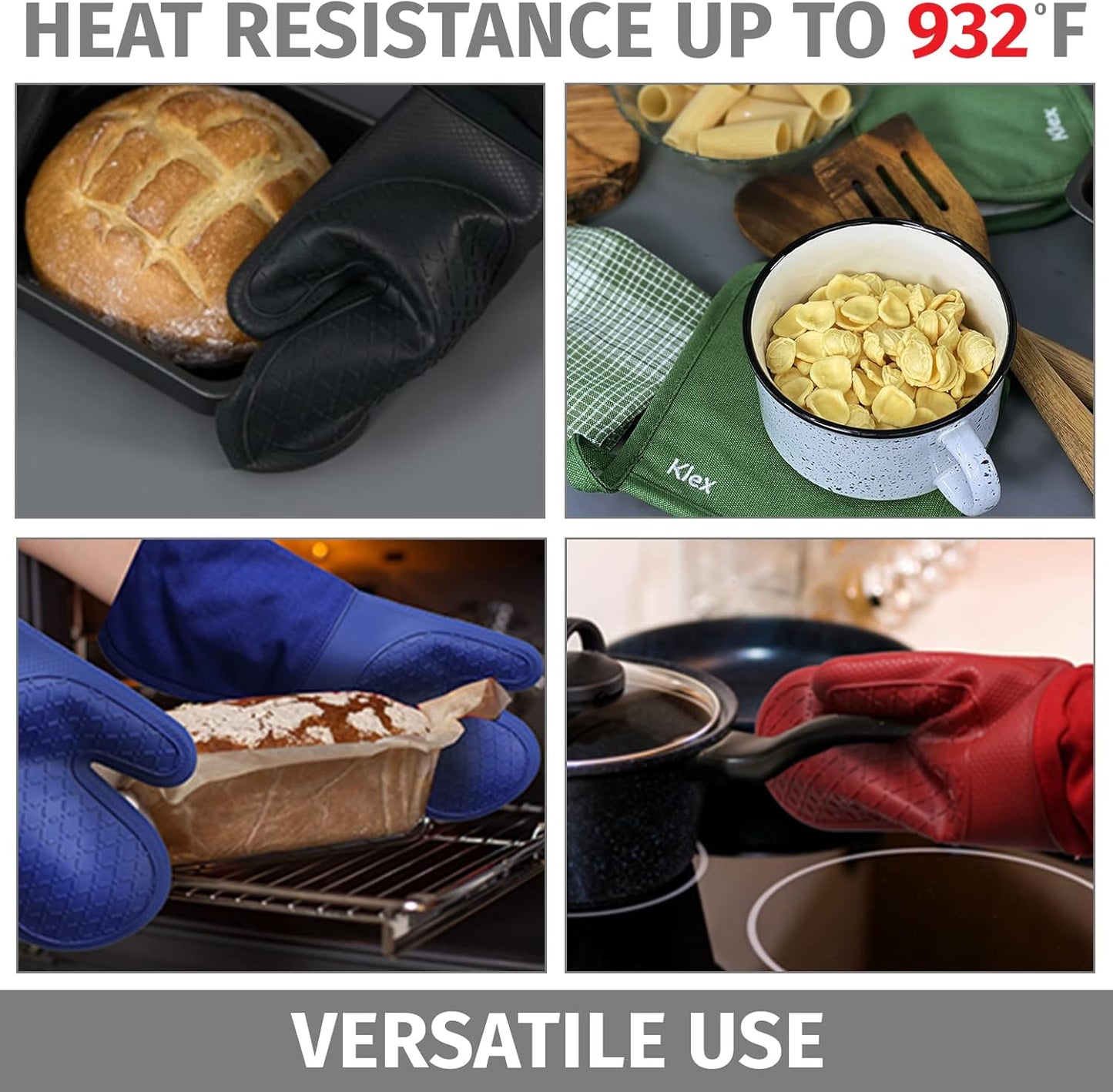 Klex Extra Long Silicone Oven Mitts, 932°F Degrees Heat Resistance with Quilted Cotton Liner Oven Gloves, 2 Piece Set, 15 inch, Red