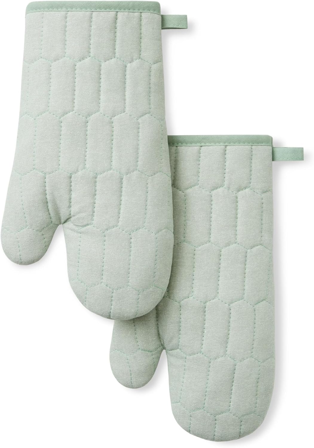 MARTHA STEWART Honeycomb Quilted Chambray Oven Mitt 2-Pack Set, 100% Cotton, Heat Resistant, Flexible Grip, Mint Green, 7"x13"