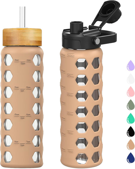 MUKOKO Glass Water Bottles, 24oz Glass Tumbler with Straw, Drinking Bottles with 2 Lids-Handle Spout Lid&Bamboo Straw Lid, Motivational Water Bottle with Time Marker and Silicone Sleeve, 1 Pack-Amber