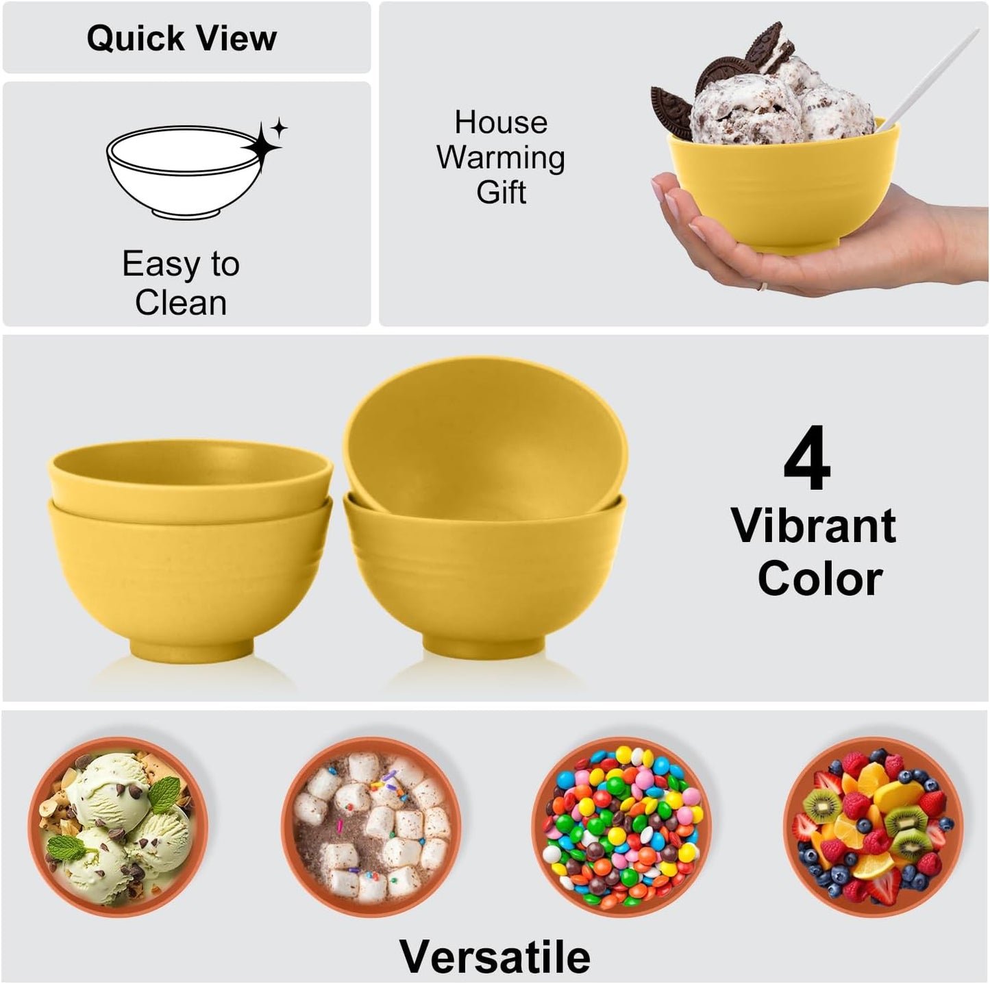 wheat straw icecream bowls 10oz set of 8 - Unbreakable Dessert Bowls Freezer Safe - Small Bowls for Yogurt,Snack and Fruits. Yellow