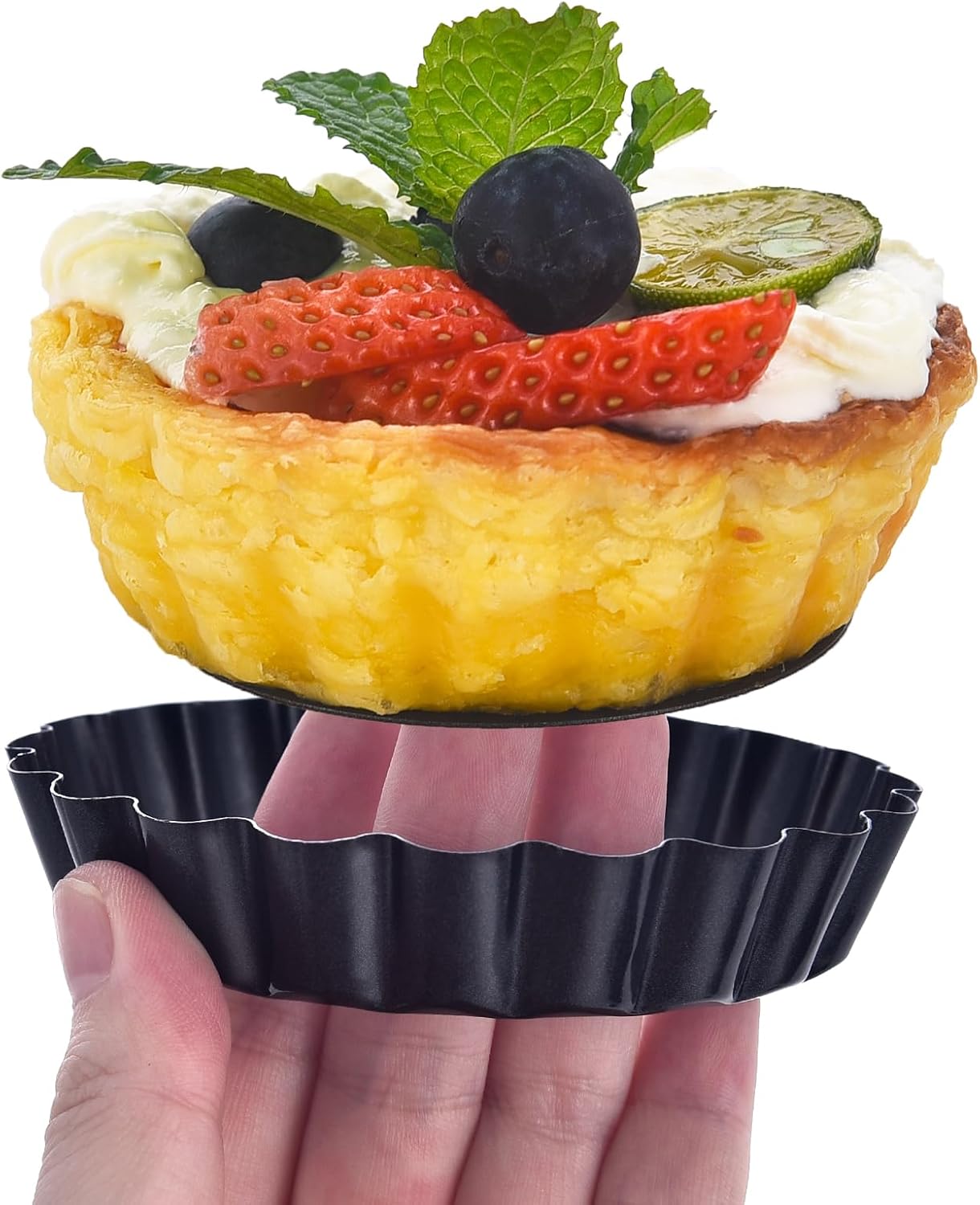 DATANYA 16 Pack Mini Tart Pans 4 Inch with Removable Bottom Round Nonstick Quiche Pan, Heavy Duty Fluted Side Tart Molds for Pies, Mousse Cakes, Dessert Baking