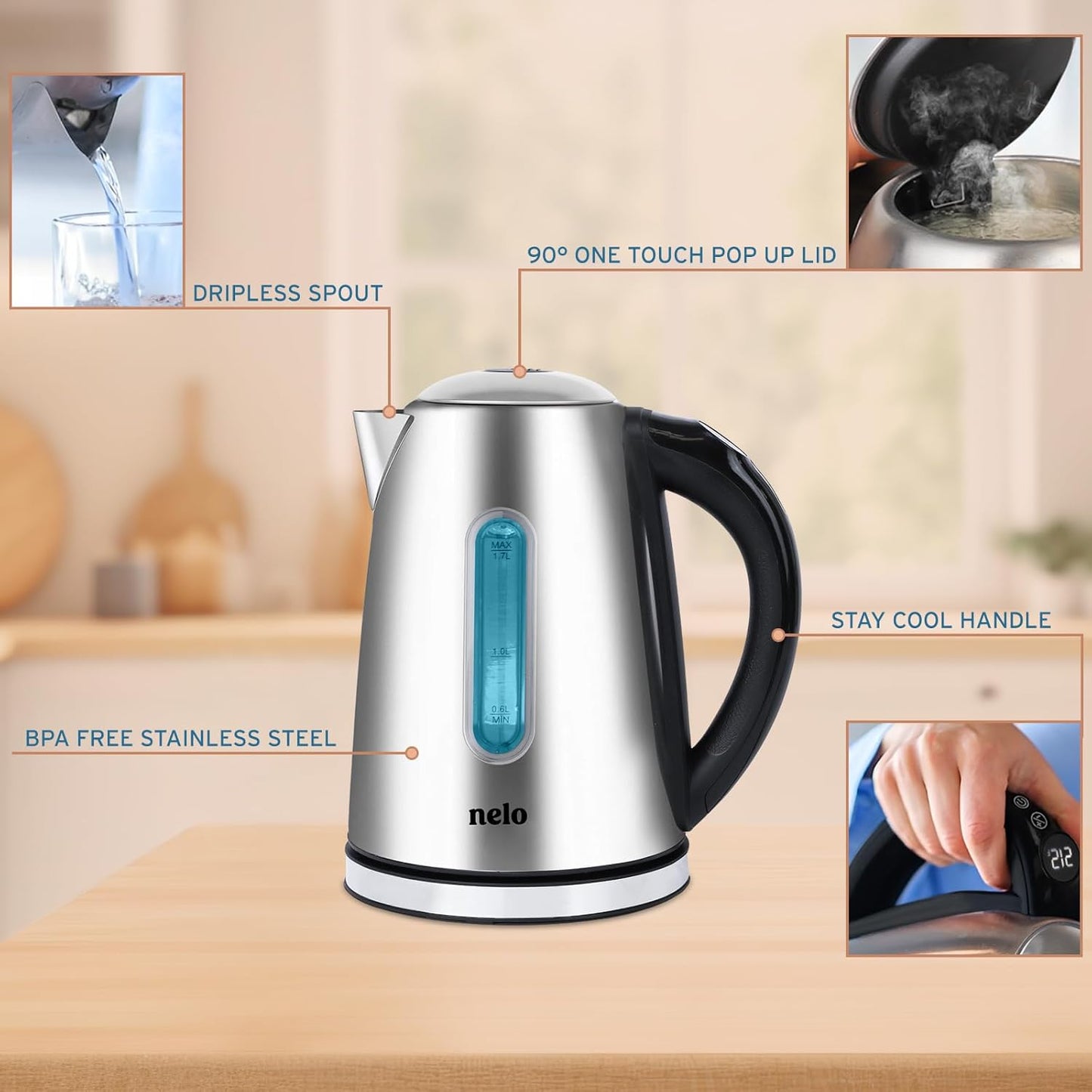 NELO Electric Kettle with 7 Temperature Control Presets, Digital Temperature Display, Multi-Colored LED Indicator Lights, Stainless Steel Tea Kettle & Hot Water Boiler, 360° Base, BPA-Free, 1.7 Liters