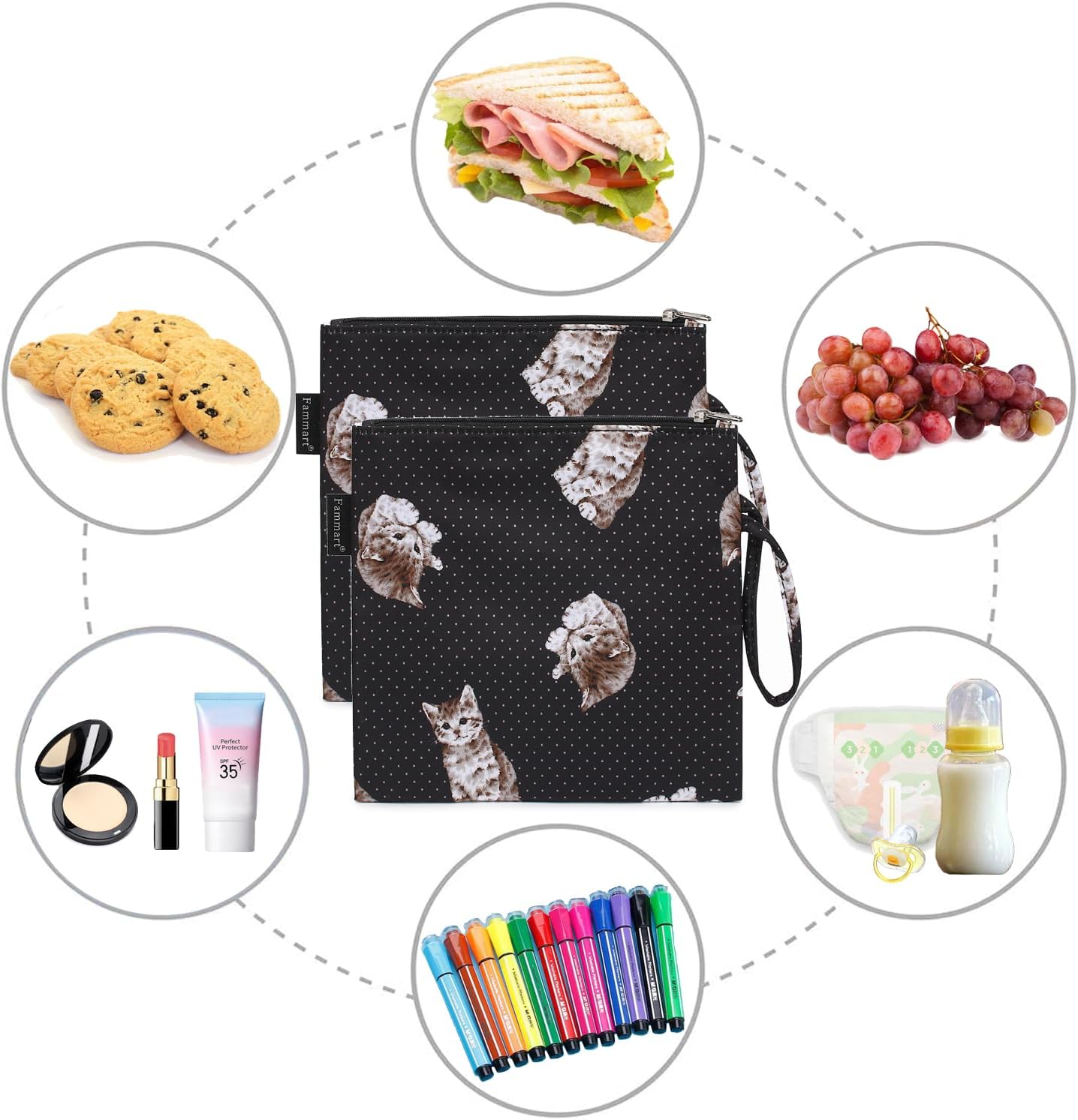 Reusable Sandwich Bag/Snack Bag for Kids & Adults, Dual Layer Lunch Bag with Handle, Washable, Food Safe, BPA Free (2-Pack, Dot&Cat)