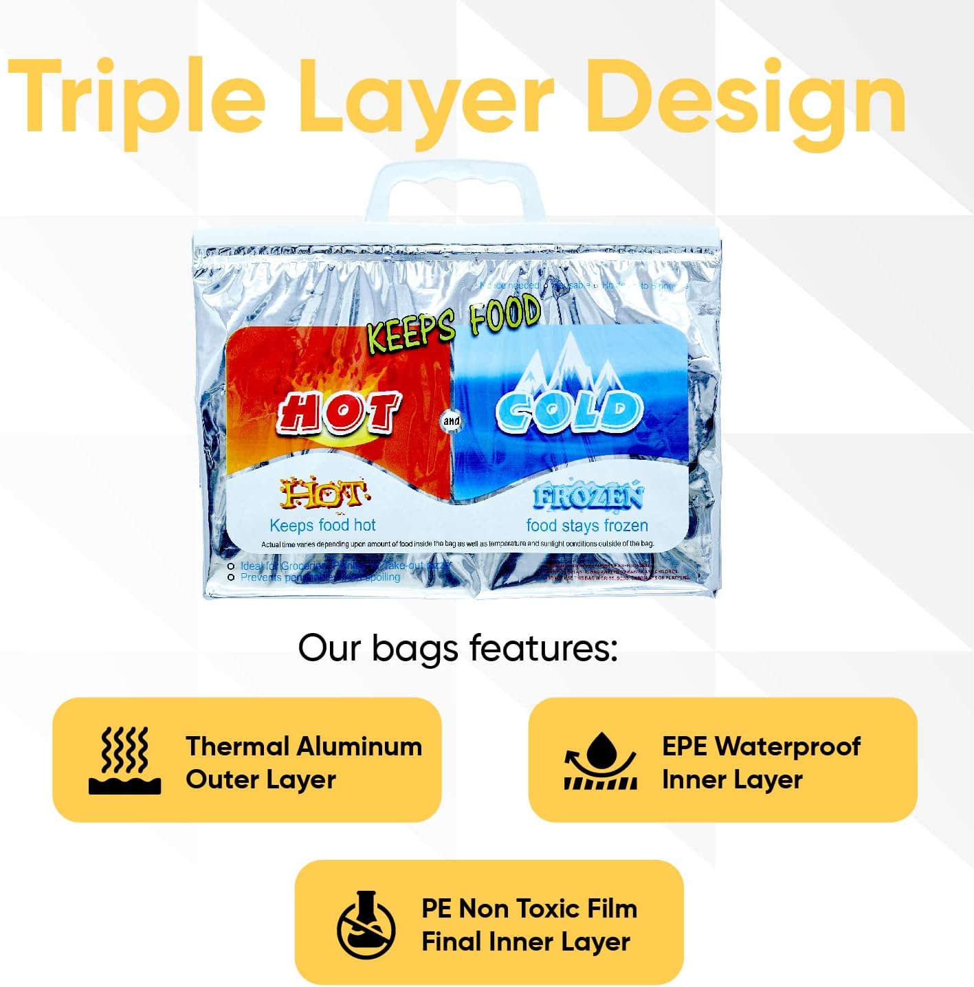 Superio Hot and Cold Insulated Bags for Food Delivery, Grocery Shopping Bags, Food Storage for Hot and Frozen Food for Travel, Disposable Cooler Bag, Reinforced Thermal Lunch Bag (1, 13"x5.5"x8.5")