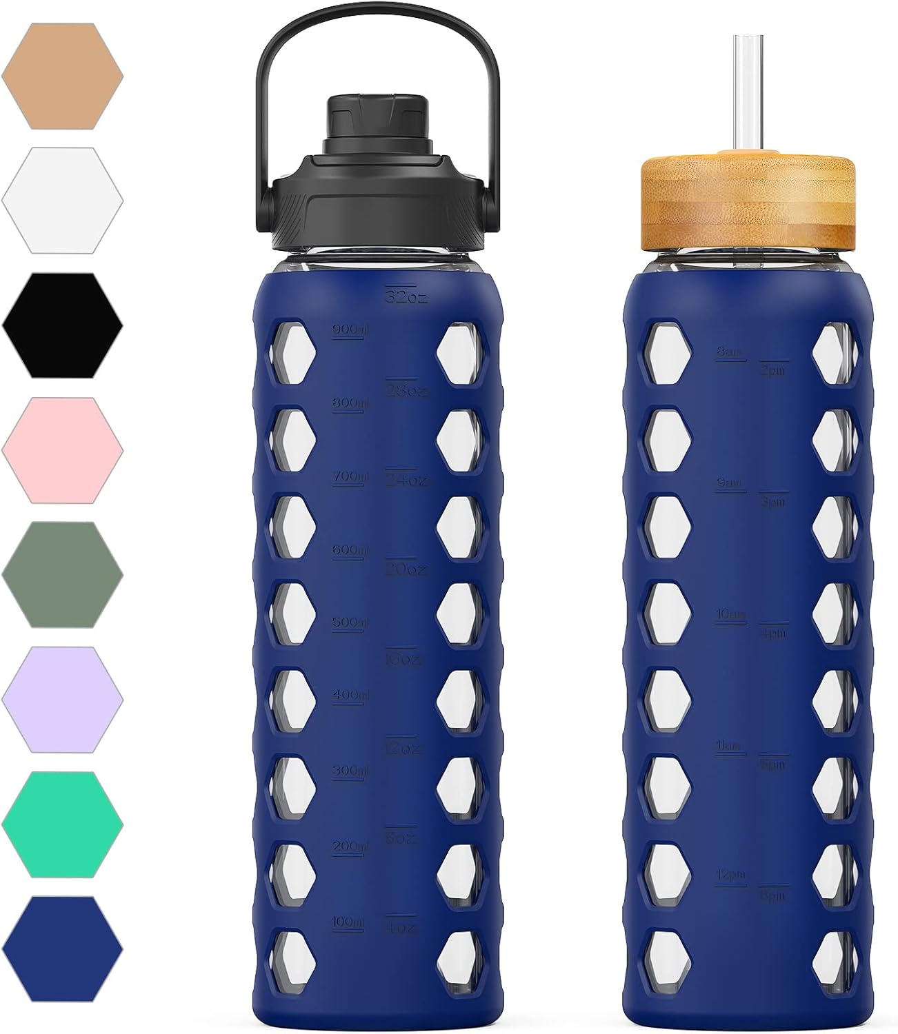 MUKOKO 32oz Glass Water Bottles with 2 Lids-Handle Spout Lid&Bamboo Straw Lid, Motivational Water Tumbler with Time Marker Reminder and Silicone Sleeve, Leakproof-Blue-1 Pack