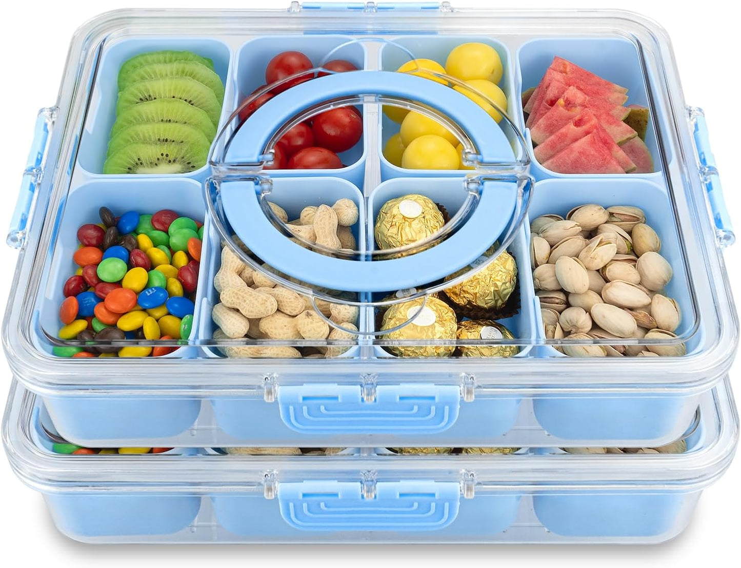 Divided Serving Tray with Lid and Handle,8 Compartments Snacks Box,Snack Fruit Veggie Tray,Portable Platter for Candy Fruits Nuts Snack Party Entertaining Picnic (2PCS Blue)