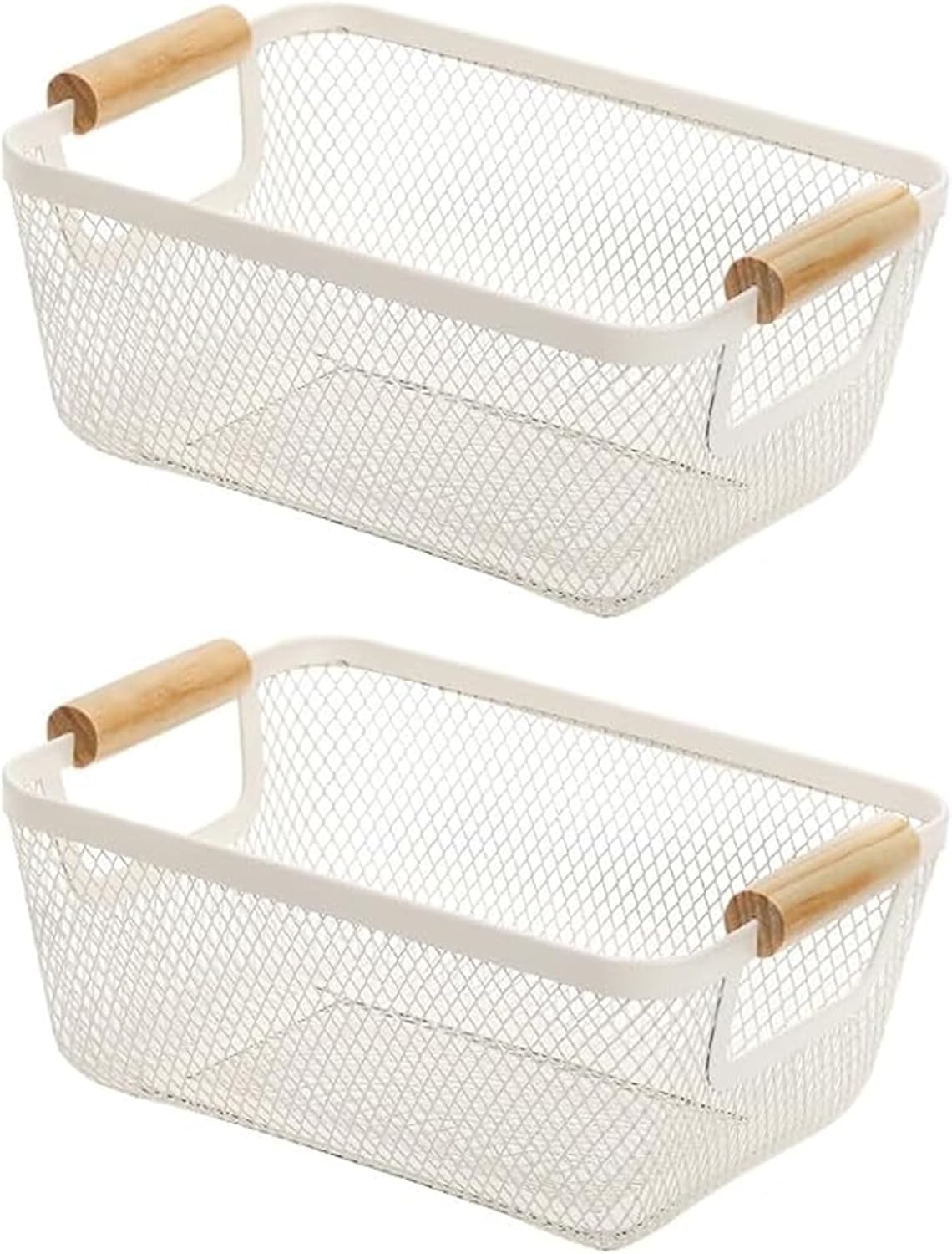 2Pack Metal Mesh Steel Basket, Small Wire Storage Organizer Basket Multi-function Hanging Kitchen Basket Fruit Basket with Wood Handle for Kitchen Picnic Cabinet Home Decor, Rectangle-Off White