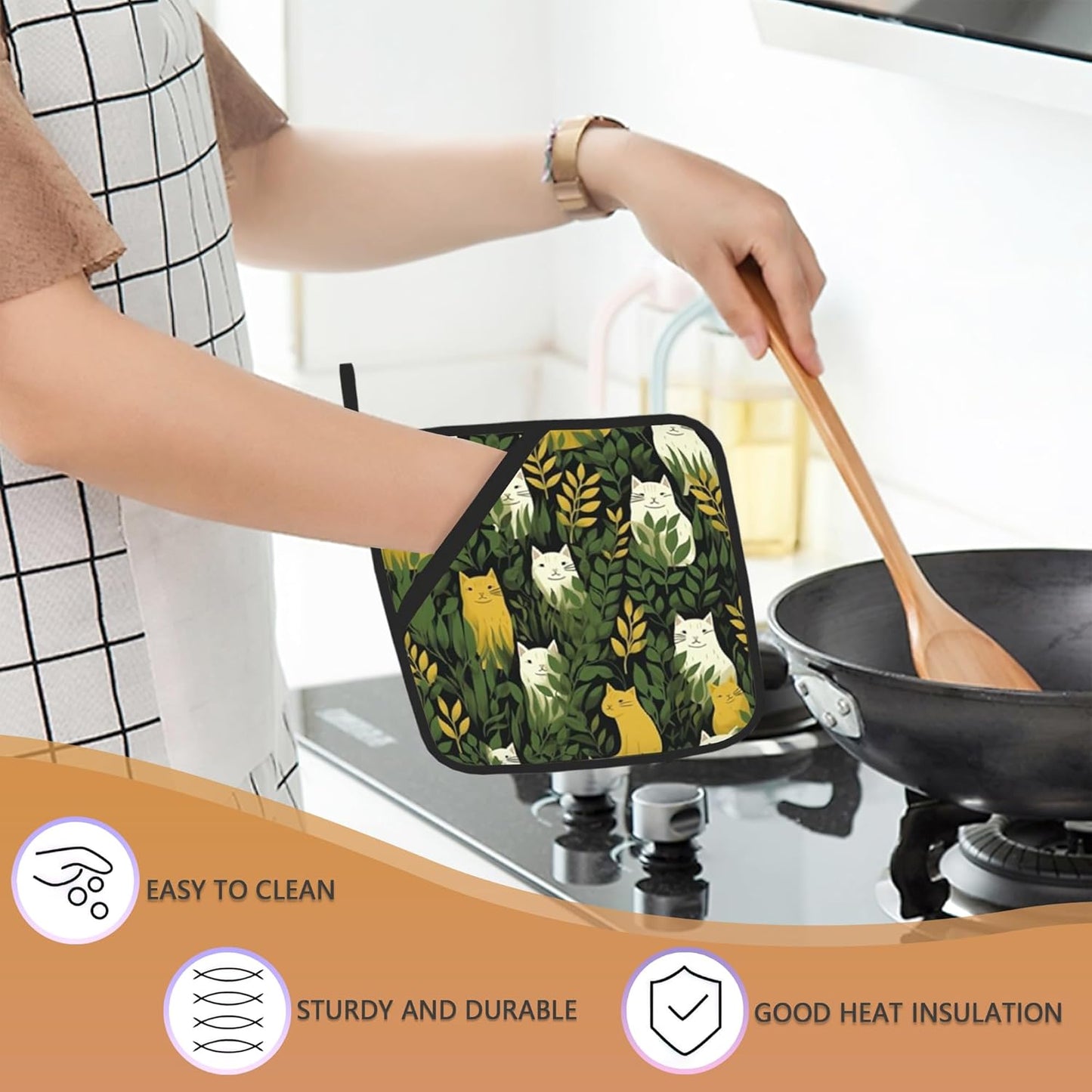 Cute Cats and Green Plants Pot Holder Set of 2,Kitchen Heat Resistant Potholder for Women Men BBQ Cooking Baking