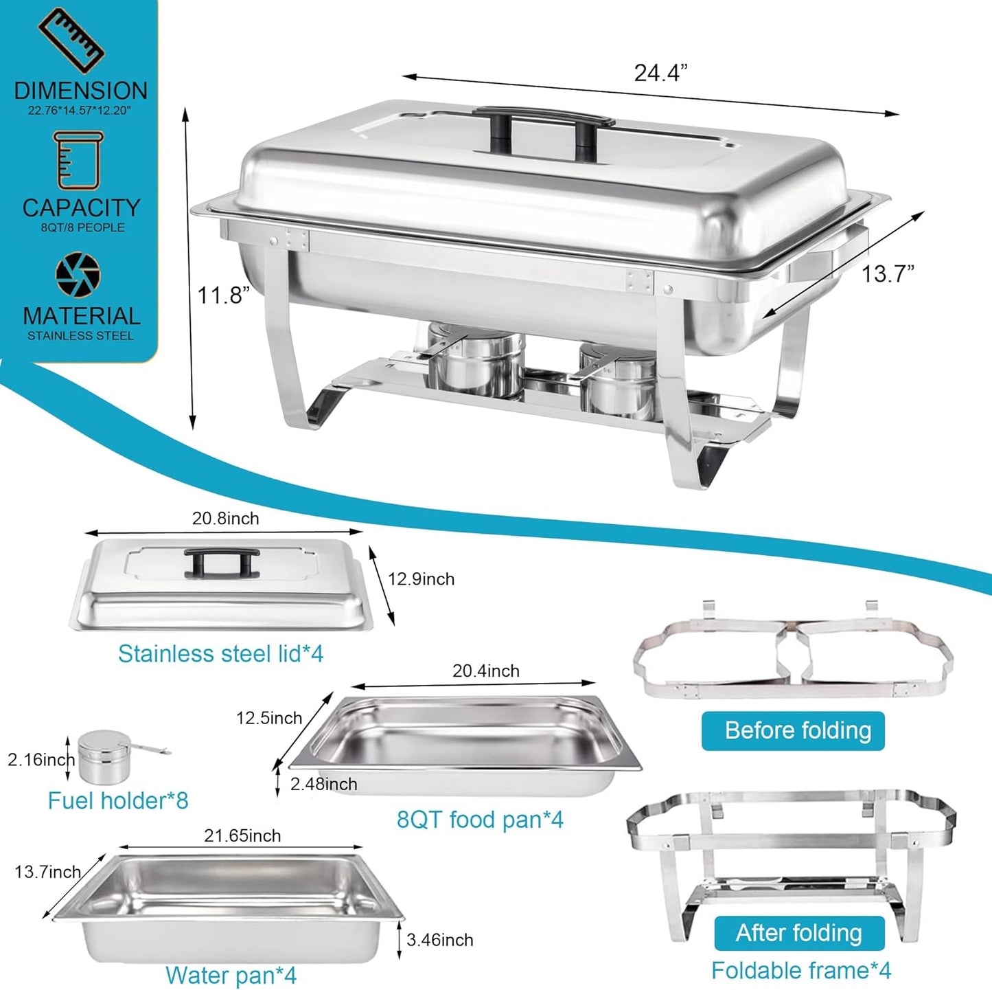 Chafing Dish Buffet Set 4 Packs,8 Quart Stainless Steel Foldable Rectangular Chafing Full Size Food Pan,Chafing Servers With Covers buffet servers and food warmers for parties wedding outdoor banquet