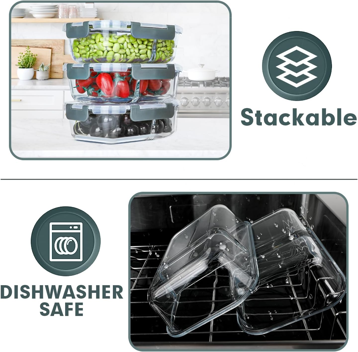 VERONES 10 Pack Glass Meal Prep Containers 2 Compartment Set, 30 OZ Airtight Glass Lunch Containers, Glass Food Storage Containers with Lids, for Microwave, Oven, Freezer & Dishwasher Friendly，Grey