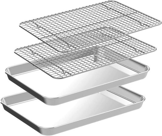 Quarter Sheet Pan with Cooling Rack Set [2 Baking Sheets + 2 Baking Racks], CEKEE Stainless Steel Cookie Sheets for Baking and Wire Rack - Rust & Warp Resistant & Nonstick, Size 12 x 9.8 x 1 Inch