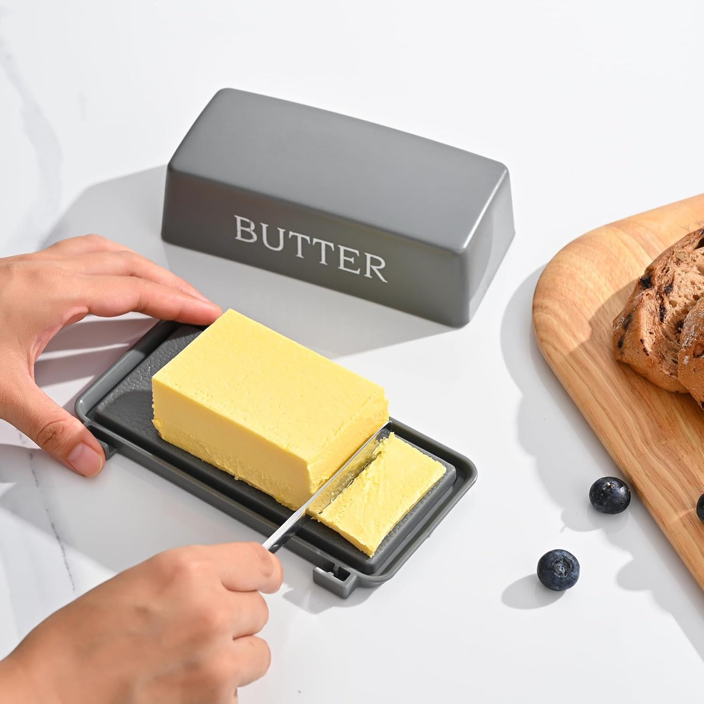 Butter Holder With Cover And Knife,Food Grade Plastic Butter Dishes With Lid And Spreader,Grey Cheese Storage Container For Countertop