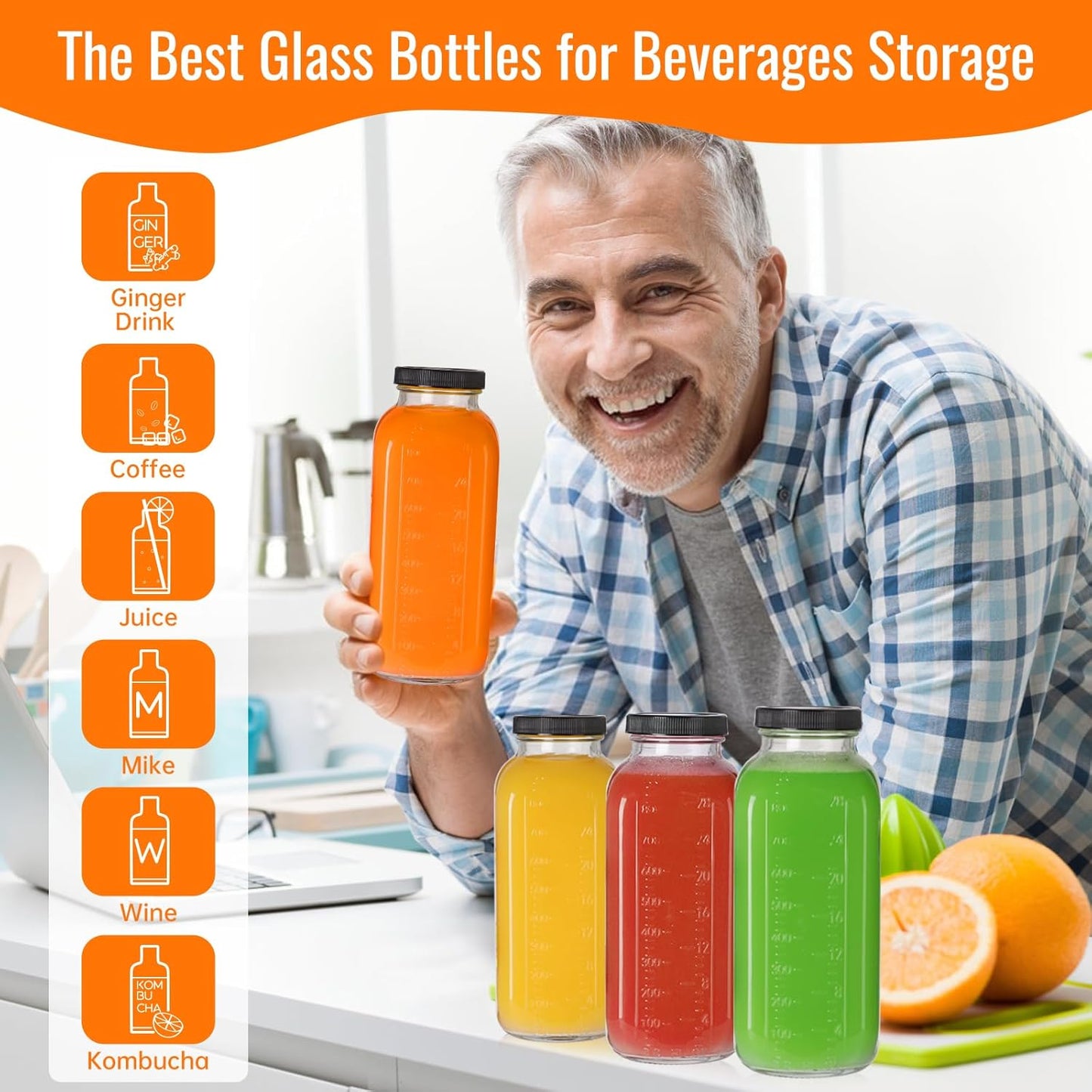 STARSIDE 32 oz Glass Juice Bottles with Lids 4 Pack - Square Reusable Drinking Jars for Juicing, Milk, Kombucha - Includes 1 Bottle Brush, 6 Colored Labels