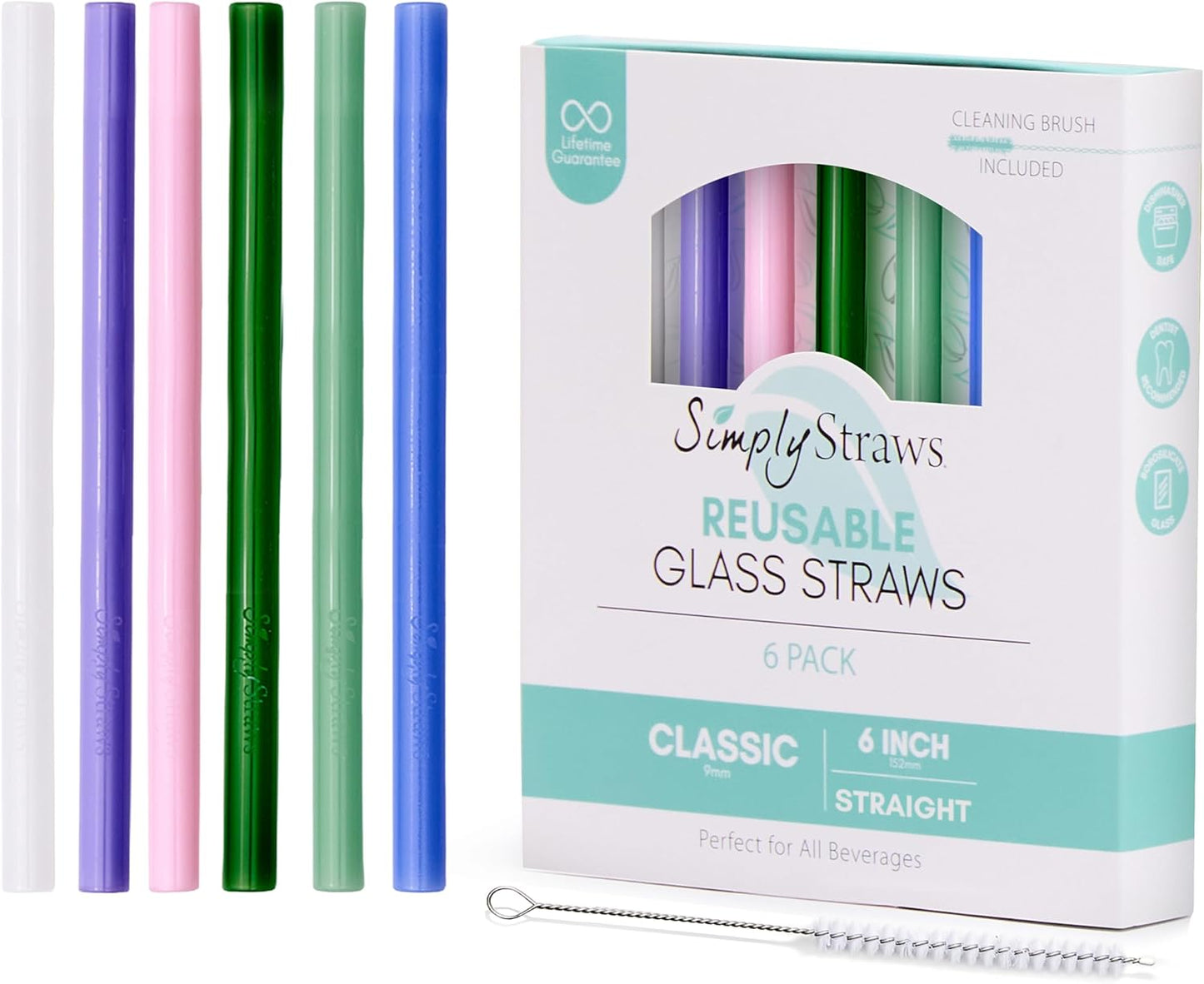 Simply Straws 6 Inch Glass Straws Straight (6-Pack) – Reusable Glass Straws for Low Balls & Stemless Glasses, with Cleaning Brush – Dishwasher Safe, Hot & Cold Use, BPA-Free (Cote d'Azur)