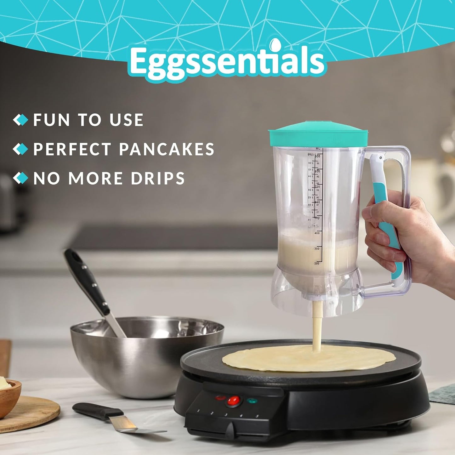 Eggssentials Pancake Dispenser for Batter - Pancake Mix Dispenser Cupcakes, and Muffins – Precision, Mess Free – Cake Mix Dispenser Bottle for Baking & Griddle - Teal Color