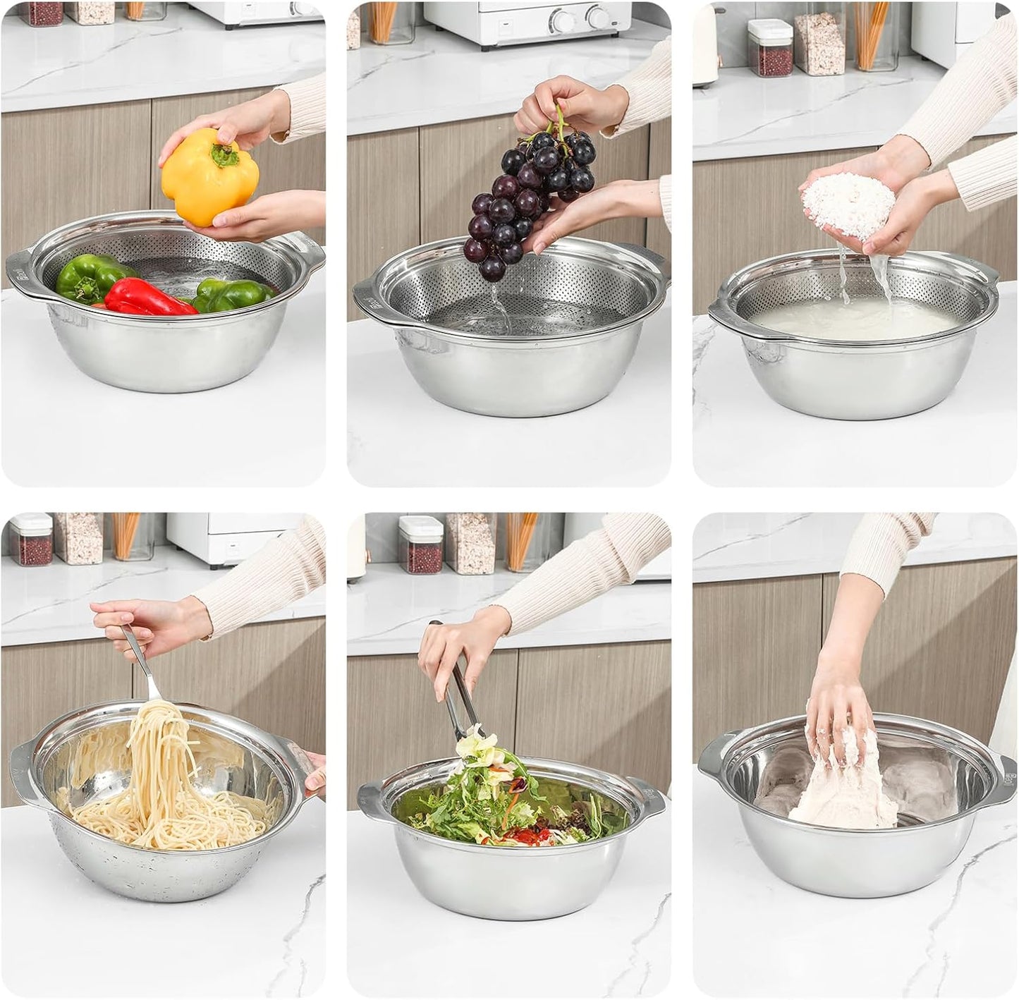 304 Stainless Steel Microporous Colander with Handle, Rice Washers Microporous Strainer Set For washing vegetables, fruits and rice, and draining cooked pasta.