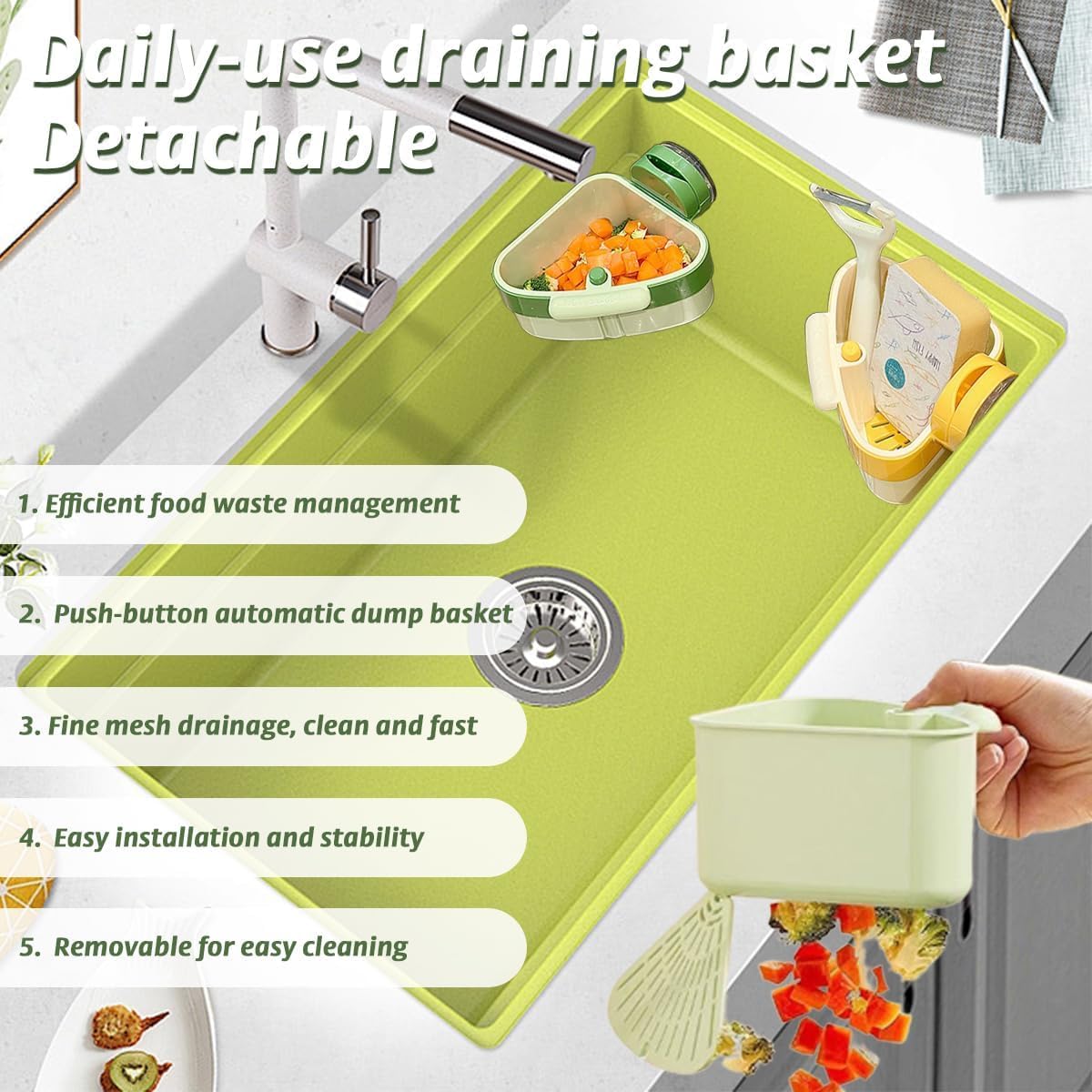 Suction Cup Sink Corner Rack, 2025 Upgraded Self-Cleaning Sink Strainer Basket, Removable Food Waste Catcher with Drain Hole, Say Goodbye to Gross Food Scraps and Smelly Sinks (Green)