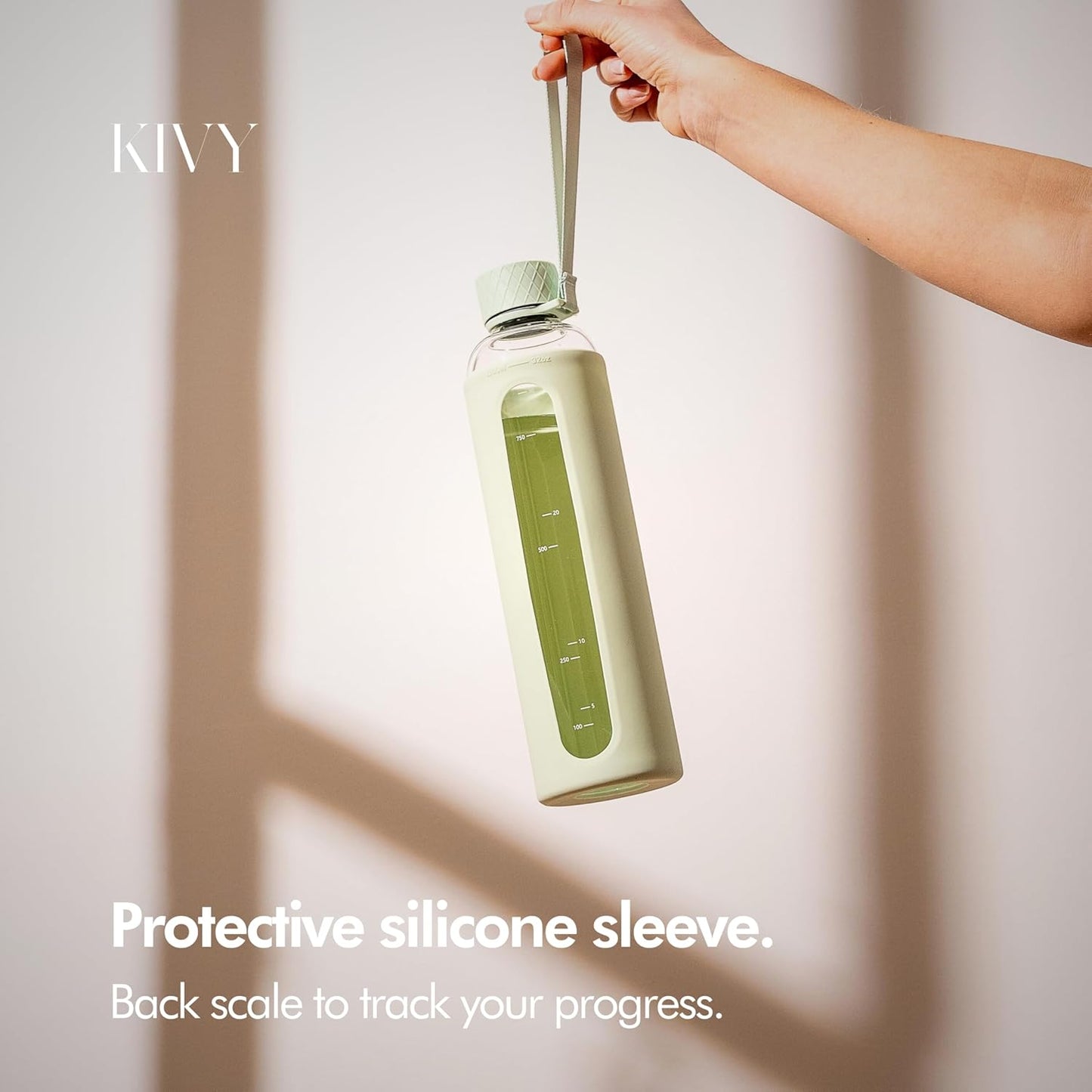 KIVY Glass Water Bottle with Silicone Sleeve 32 oz [WITH MEASUREMENT] - Borosilicate Glass Water Bottle Screw Top - Clear Bottles with Measurement Marking - Sage Green Waterbottle
