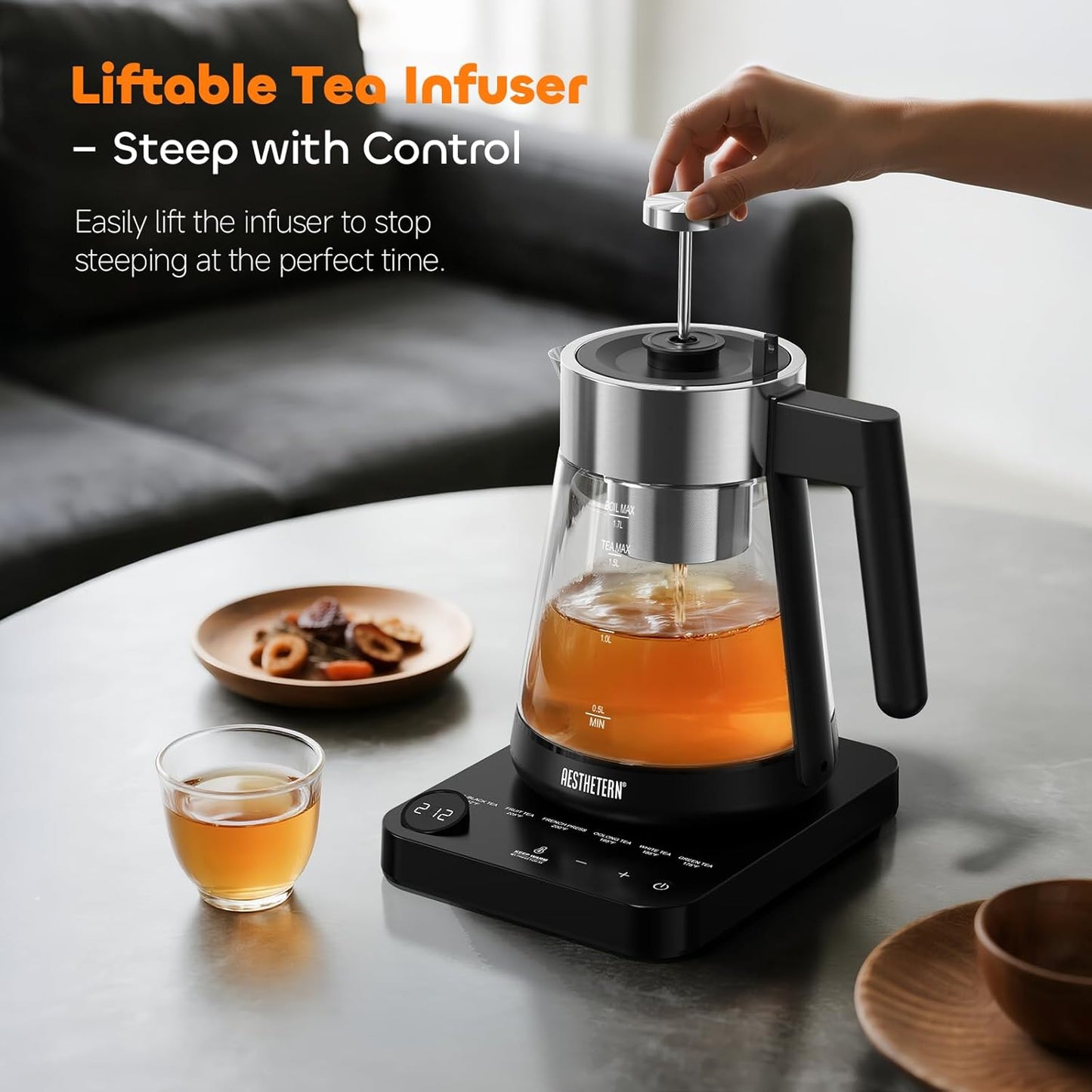 Electric Tea Kettle with Infuser 1.7L Glass Electric Kettle with Temperature Control Automatic Shut Off 12H Keep Warm for Tea Coffee Water Heater, Black