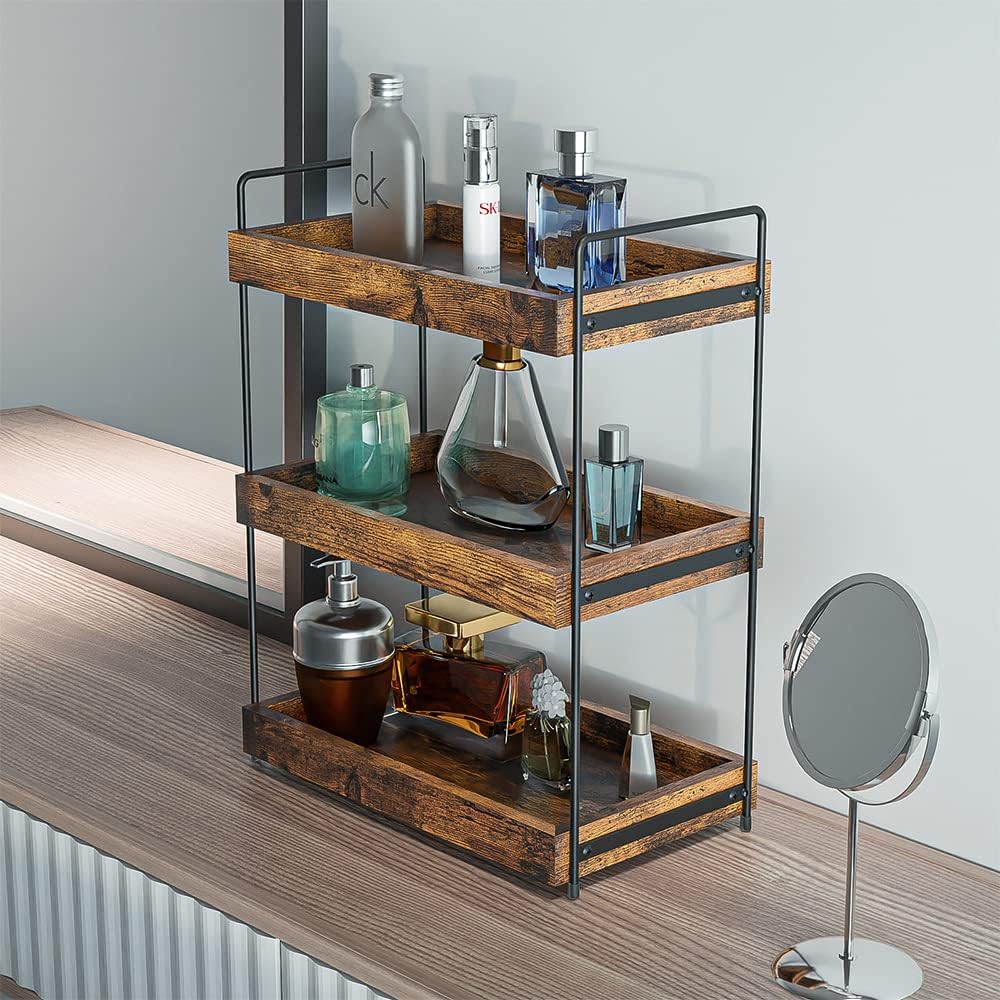 Bathroom Counter Organizer, 3-Tier Wood Spice Rack Organizer for Kitchen Counter, Vanity Skincare Organizers Shelf for Bathroom Storage Organization, Rustic Brown