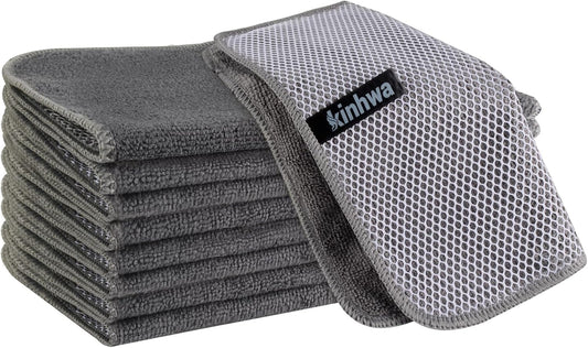 KinHwa Kitchen Washcloths for Dishes Absorbent Microfiber Dish Cloths Quick Dry Dish Rags with Poly Scour Scrub Side Ideal for Kitchen Cleaning (Gray, 10inch X10inch 9Pack)
