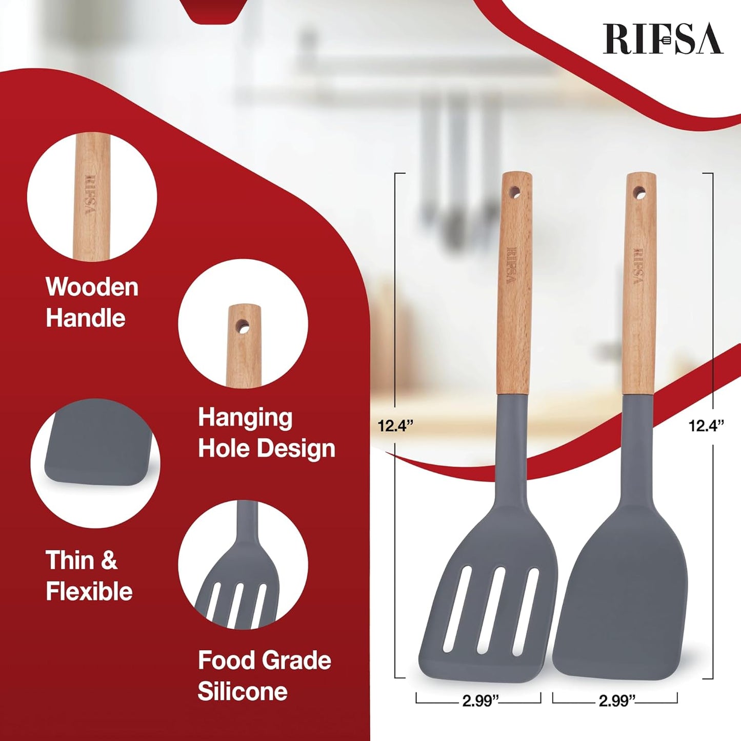 Pack of 2 Silicone Spatula, Non Stick Slotted Spatulas with Wooden Handle, Ideal Wood Kitchen Utensils Set for Frying, Baking, Flipping & Turning, Heat Resistant Silicone Turner for Non Stick Cookware