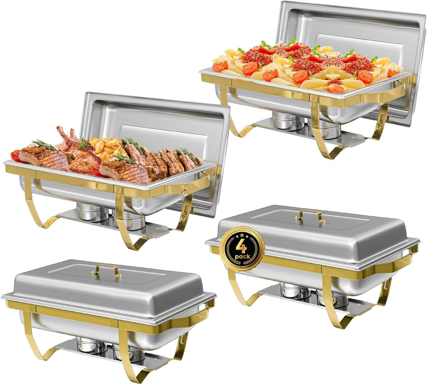Chafing Dish Buffet Sets of 4, 8QT Stainless Steel Rectangular Chafers and Buffet Warmer Sets for Catering, with Food & Water Pan, Lid, Gold Foldable Frame, Fuel Holder for Event Party Holiday