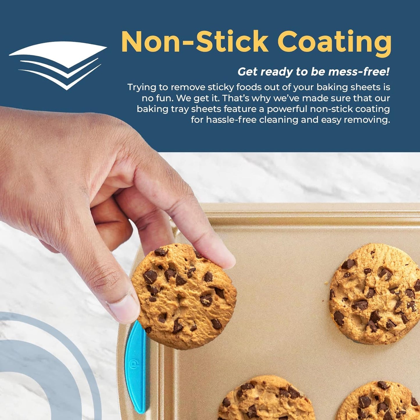 Perlli Cookie Sheet Baking Pan 2 Piece Set, 9x13" Gold Nonstick Trays with Blue Silicone Hand Grips Oven Bakeware Pans Set, Premium Quality Carbon Steel Baking Tray Sheets