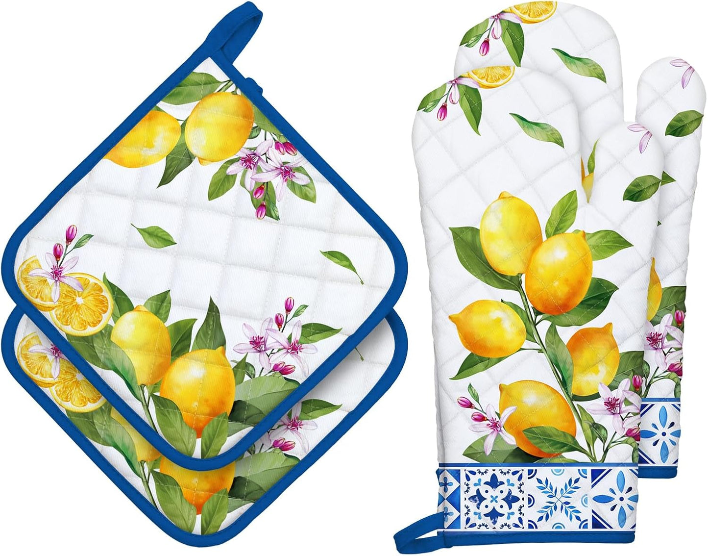 Summer Lemon Oven Mitts and Pot Holders Sets 4Pcs, 100% Cotton Heat Resistant, Extra Long Oven Gloves Potholder for Kitchen Cooking Baking Decoration
