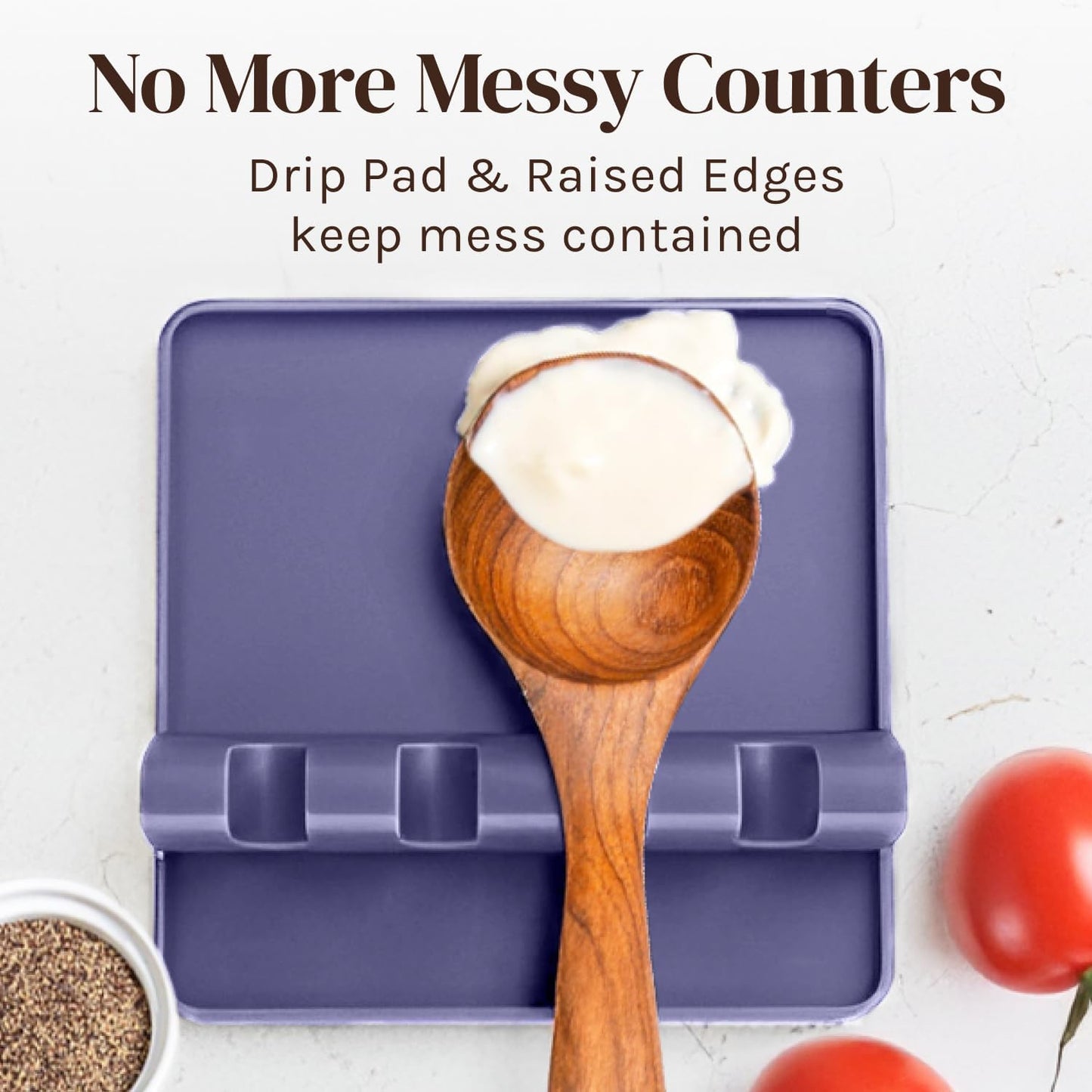 Silicone Spoon Rest for Stove Top with Drip Pad (Two Pack) - Heat Resistant BPA Free Utensil Rest & Spoon Holder for Kitchen Counter - Grill Utensil Holder - Spatula Holder, Tongs, Ladle - Purple