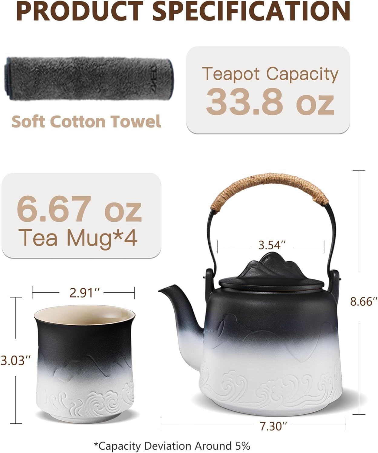 ZENS Vintage Japanese Tea Set, 33.8 oz Gradient Embossed Ceramic Japanese Teapot with Built-in Strainer for Tea Steeper, Hemp Rope Handle Loose Leaf Tea Pot with 4 Cups for Tea Party, Black & White