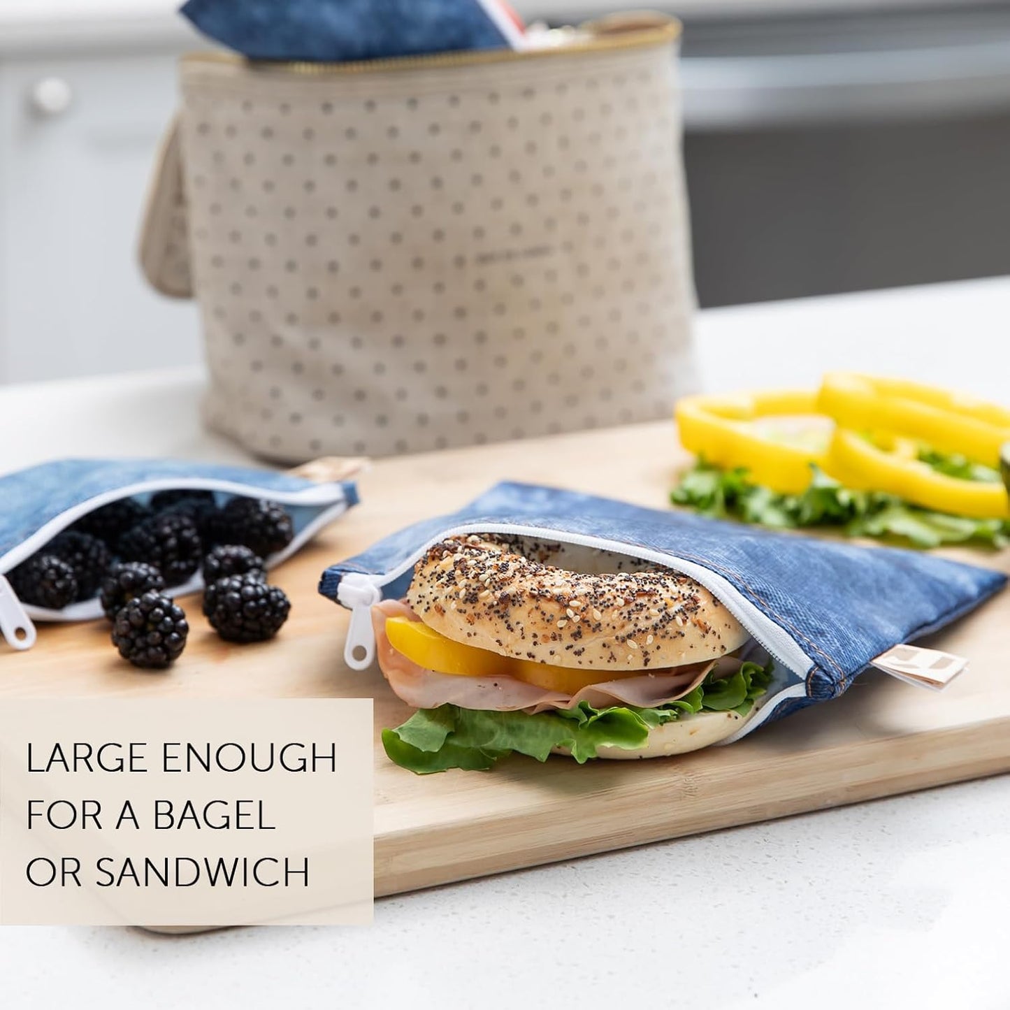 Roamio Reusable Sandwich and Snack Bags, for Kids School Lunch and for Adults Portion, Washable Fabric, Waterproof Cloth Zip Bag, Pack Travel Pouch, Food-Safe Storage, 4-pack Set Faux Denim On Denim