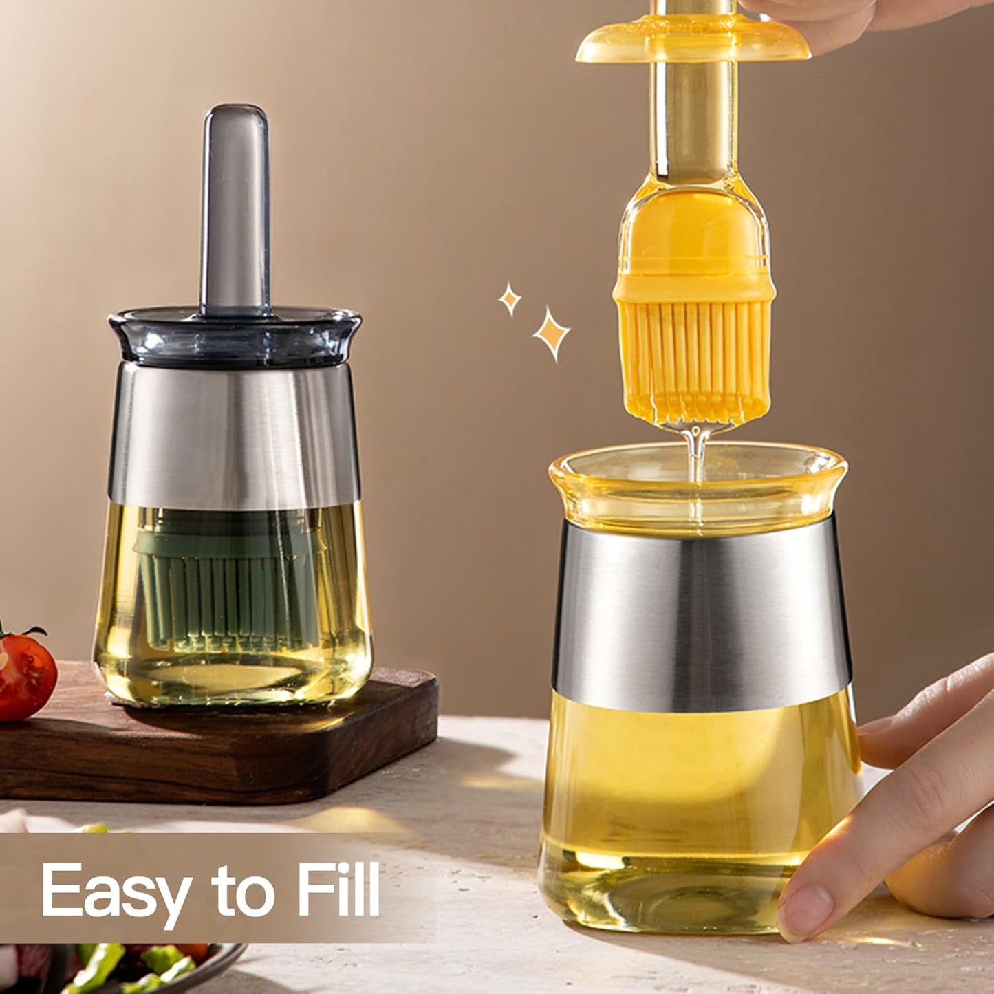 Oil Bottle Brush, 9 oz Olive Dispenser Bottle with Brush,Silicone Basting Brush Oil Separator for Cooking, Glass Oil Dispenser for Kitchen Barbecue Sauce Grill Frying (Yellow,270 ml)