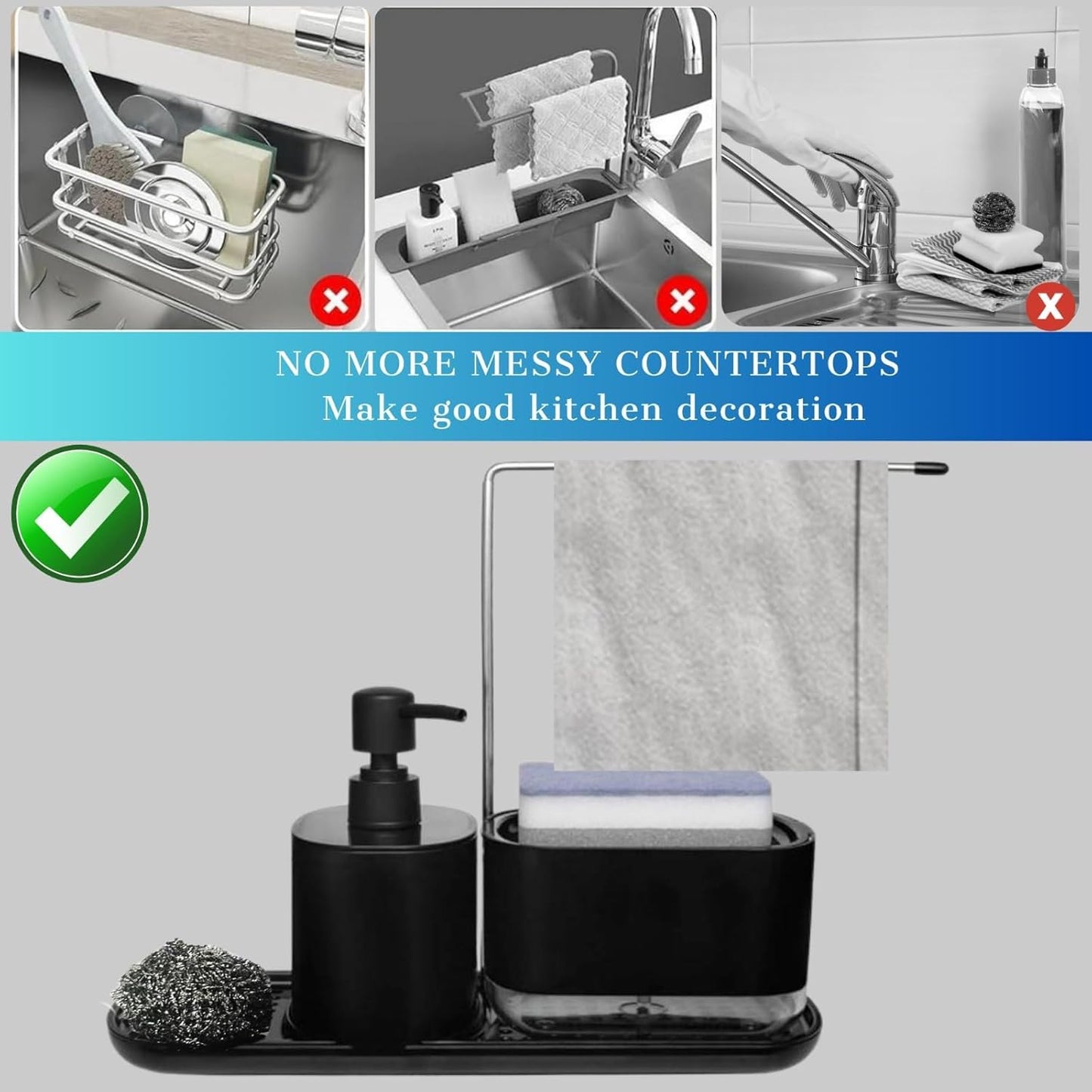 Kitchen Soap Dispenser Set with Sink Caddy-Hand and Dish Soap Dispenser with Sponge,Crevice Cleaning Brush,stailess Steel Scrubber, Sponge and discloth Holder 5-in-1 Organizer Set (Black)