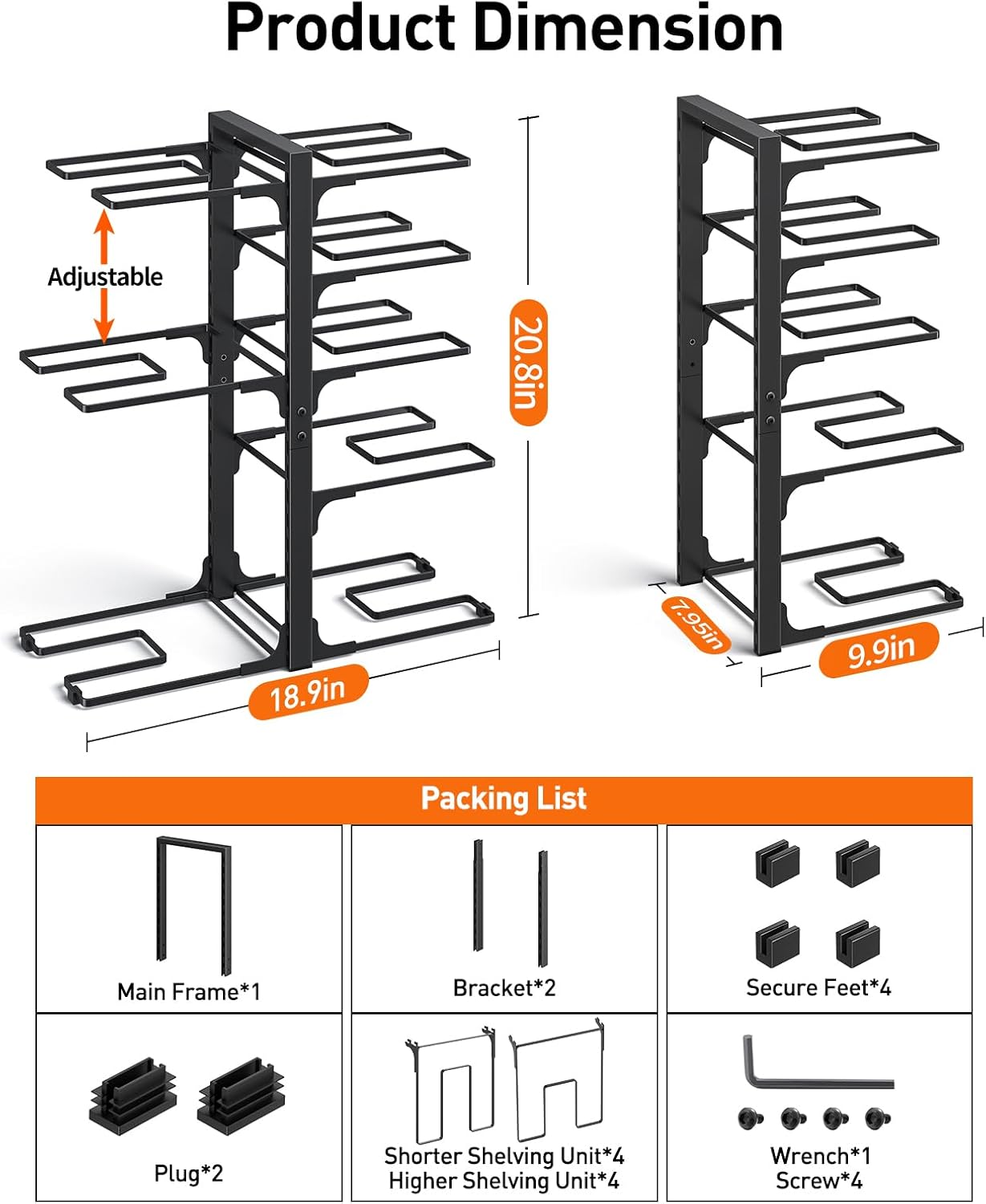 ORDORA Pots and Pans Organizer: under Cabinet, 20.8" Height Heavy Duty 120LBS Pots Pans Organizer Rack for under Cabinet 8-Tier Adjustable for Big Stockpots, Dutch Oven, Cast-iron Pans, Heavy Cookware