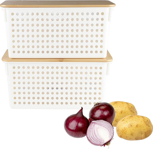 2 Set Pantry Organizer and Storage, Plastic Potato and Onion Storage with Wooden Lid, Stackable Potato Storage Onion Holder, Kitchen Pantry Baskets for Onion Potato Fruit Produce Vegetable