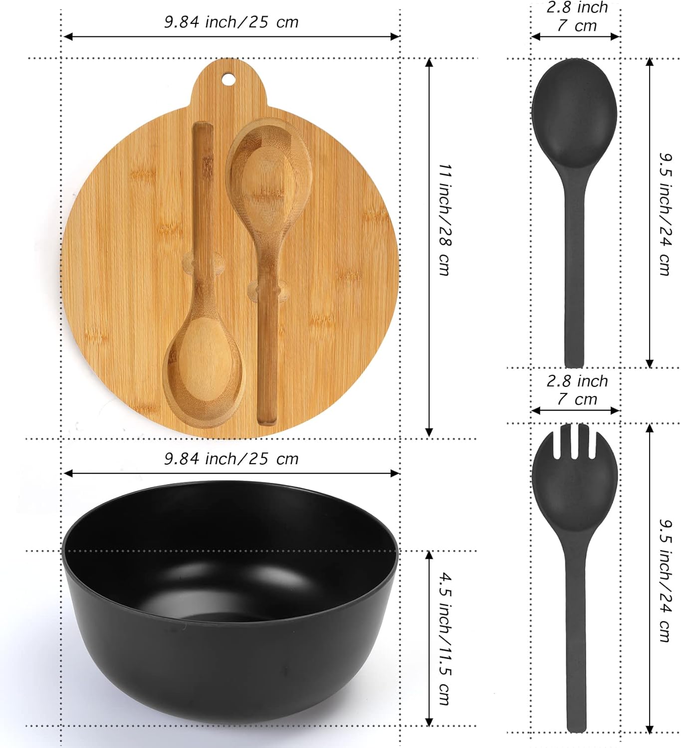 ShineMe Salad Bowl with Lid, 125oz Black Large Salad Mixing Bowl Set with Utensils, Bamboo Fiber Airtight Kitchen Bowl for Storing, & Mixing & Serving & Travelling Indoor & Outdoor